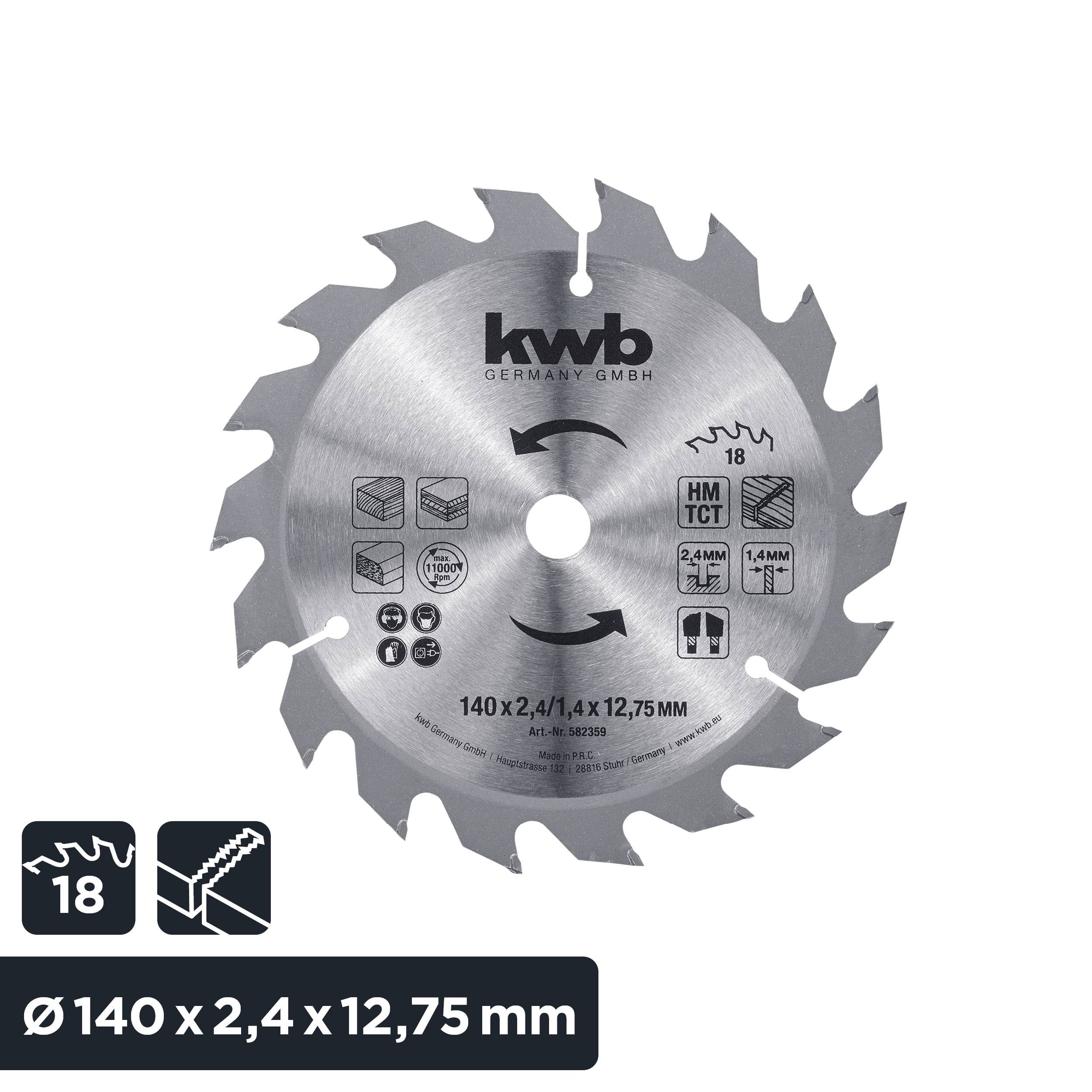 Saw blade with metallic surface, serrated edge, for woodworking. Markings: 'kwb', dimensions: 'Ø140 x 2.4 x 12.75 mm'.
