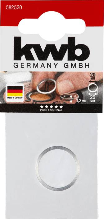 'KWB Germany GmbH' Packaging for Washers. Contains technical details: 20 pieces, size 1.2 mm thickness, 25 mm diameter.