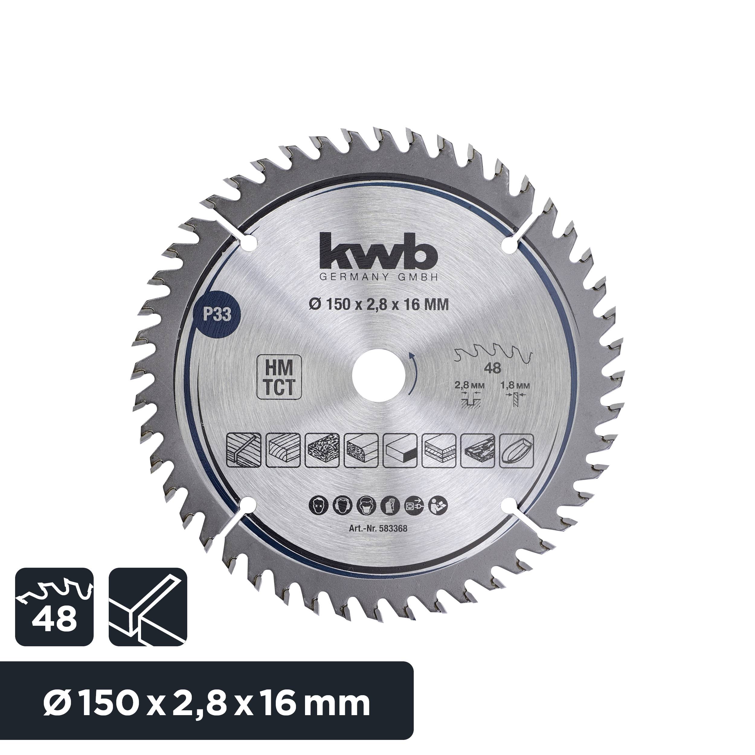 KWB circular saw blade for wood, 48 teeth, diameter 150 mm, width 2.8 mm, bore 16 mm. Suitable for precise cuts.