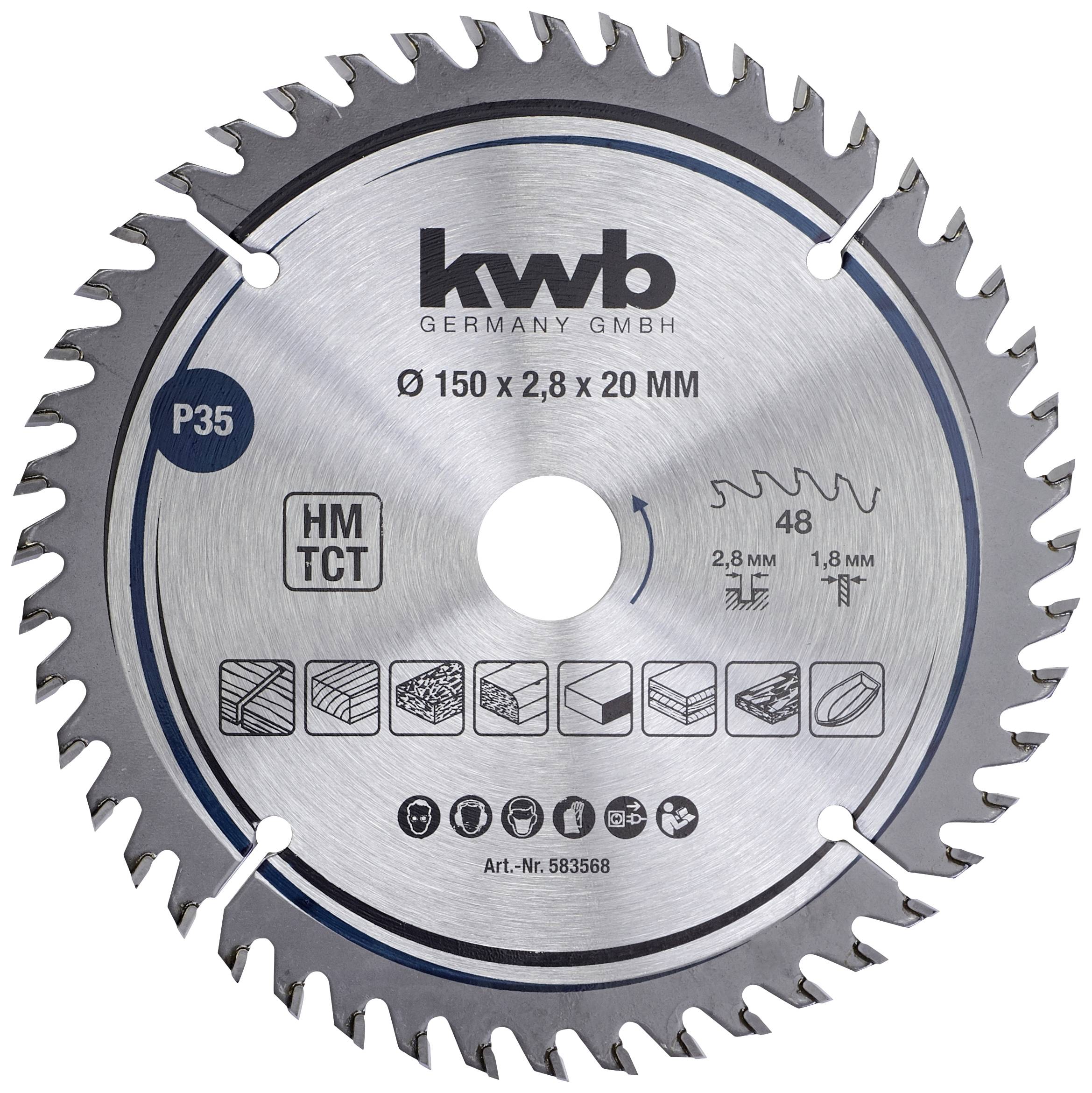 KWB circular saw blade with 48 teeth, suitable for wood. Diameter 150 mm, thickness 2.8 mm, bore 20 mm.