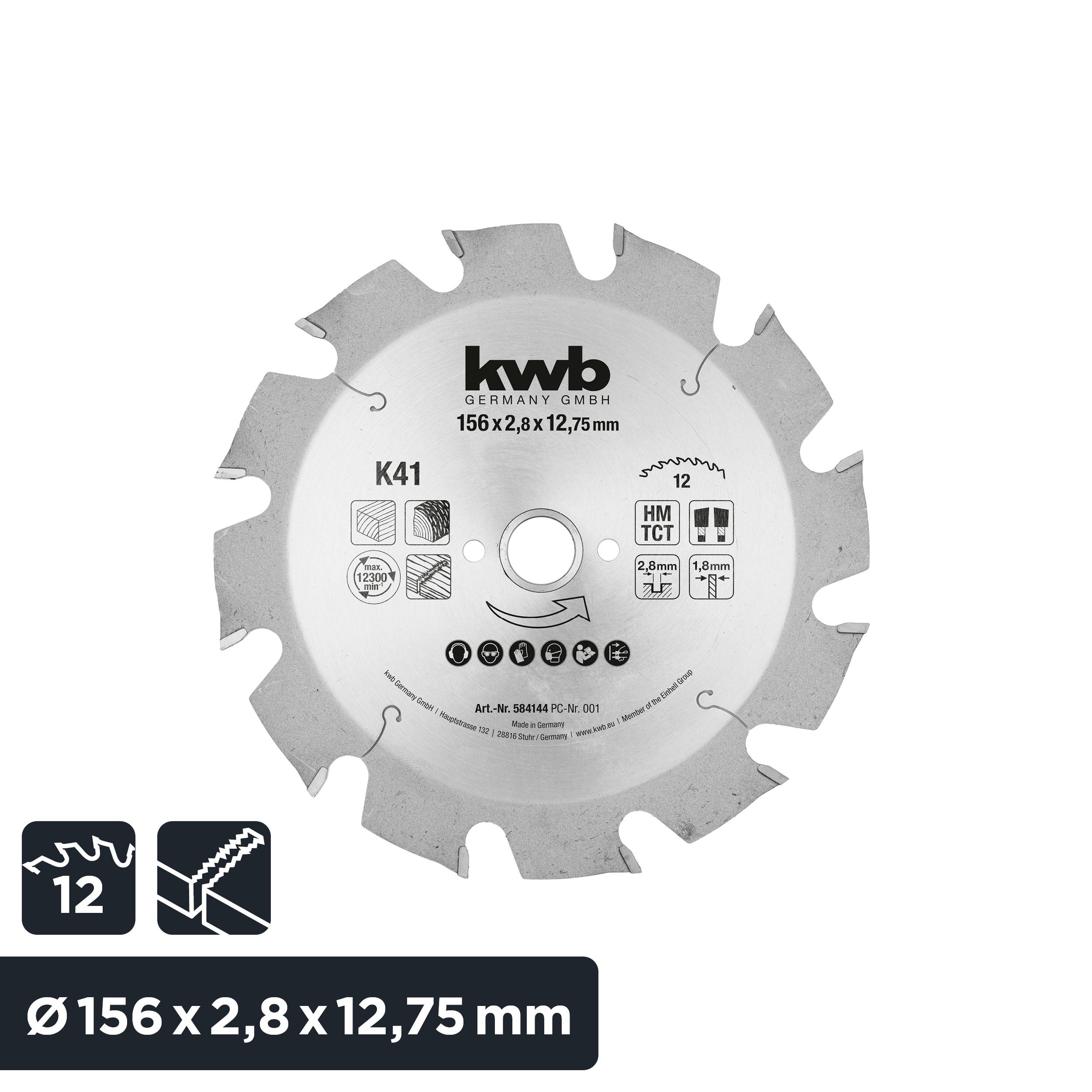 'Circular saw blade, brand kwb, diameter 156 mm, thickness 2.8 mm, bore 12.75 mm, for wood, 12 teeth.'
