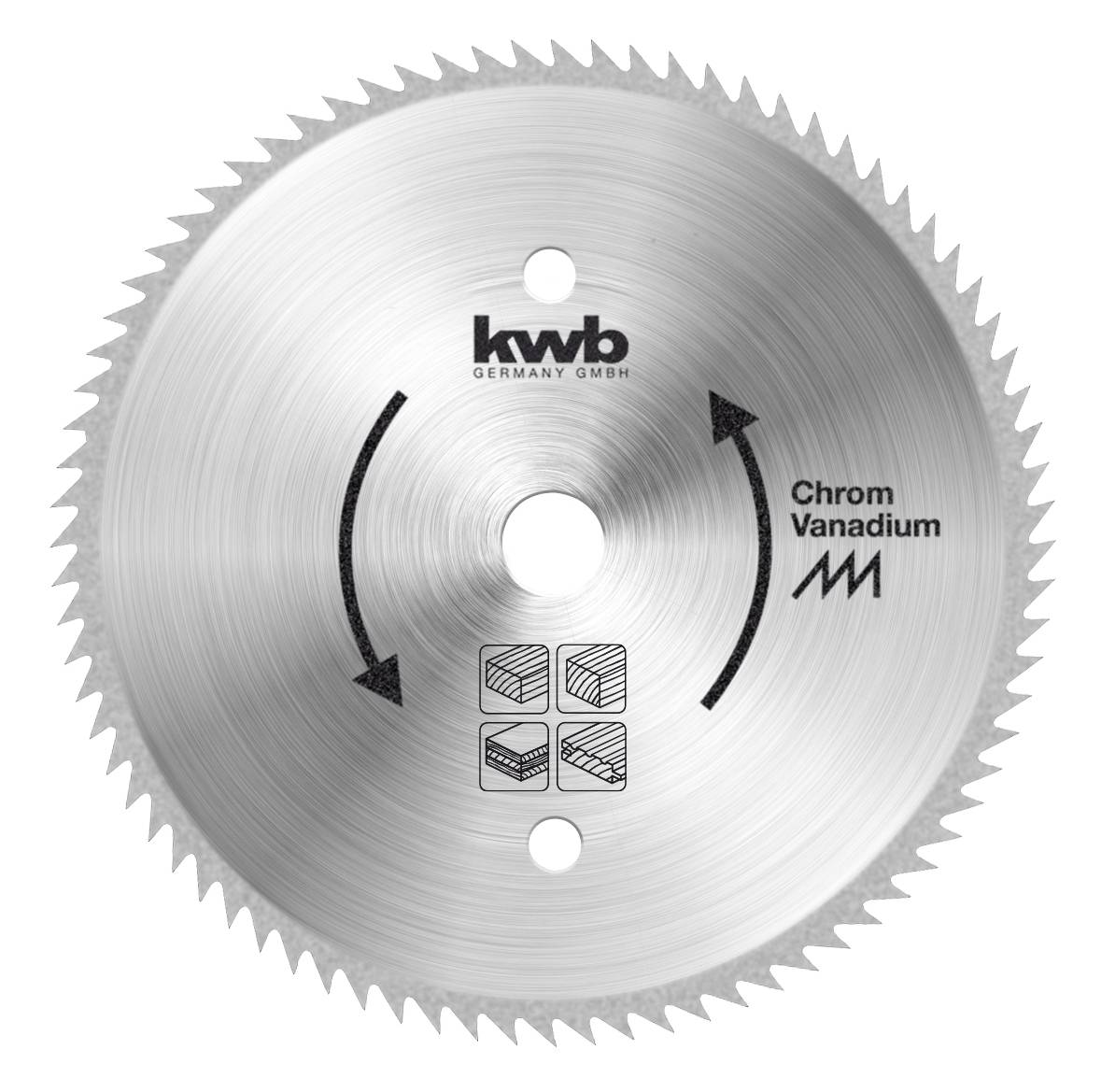 'Saw blade made of chrome-vanadium for wood and plastic cuts, by kwb Germany GmbH, with arrows indicating rotation direction and small icons for materials.'