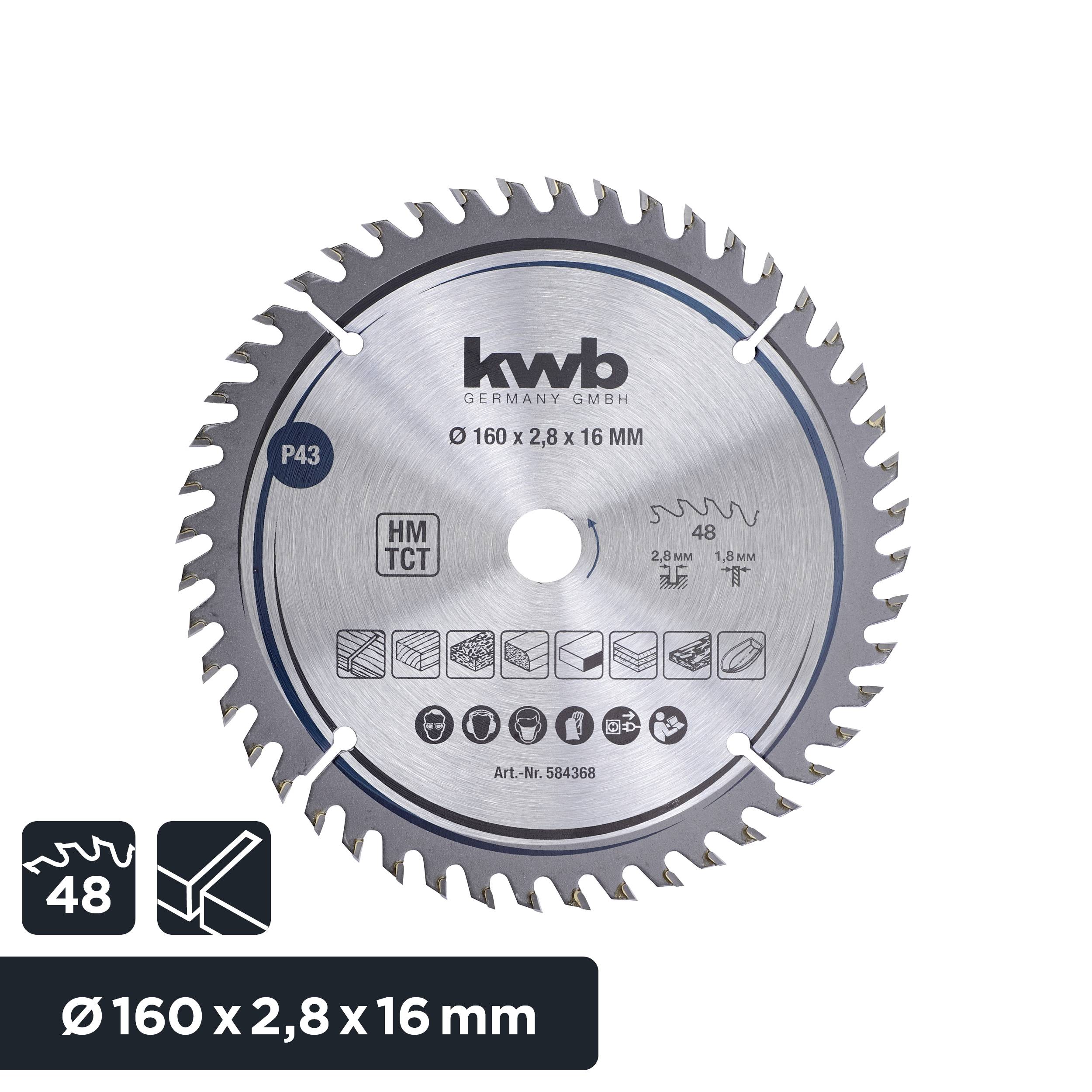 'Circular saw blade, 160 mm diameter, 2.8 mm width, 16 mm bore, 48 teeth, suitable for woodworking and construction projects.'