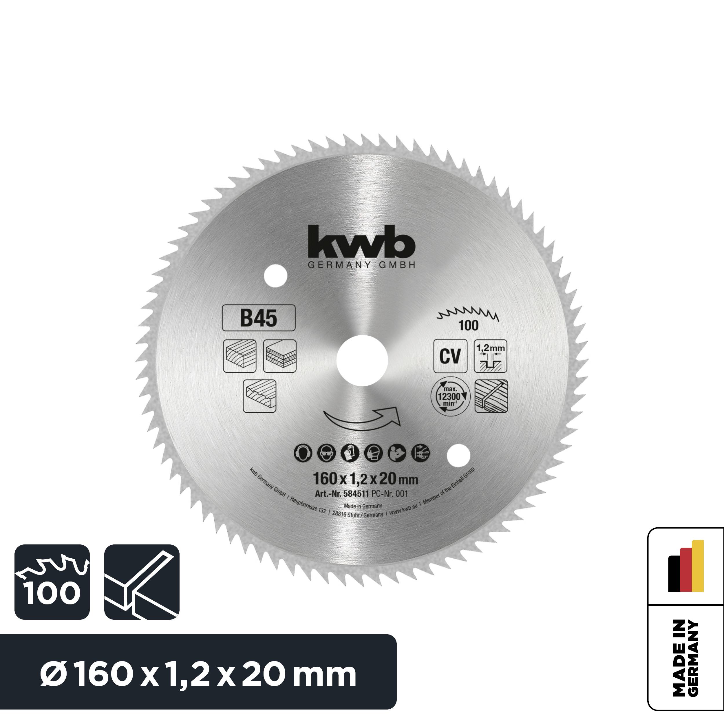 'Saw blade by kwb Germany GmbH, Ø160 x 1.2 x 20 mm, for wood, 100 teeth, Made in Germany. Article No. 584911. Markings: B45, CV.'