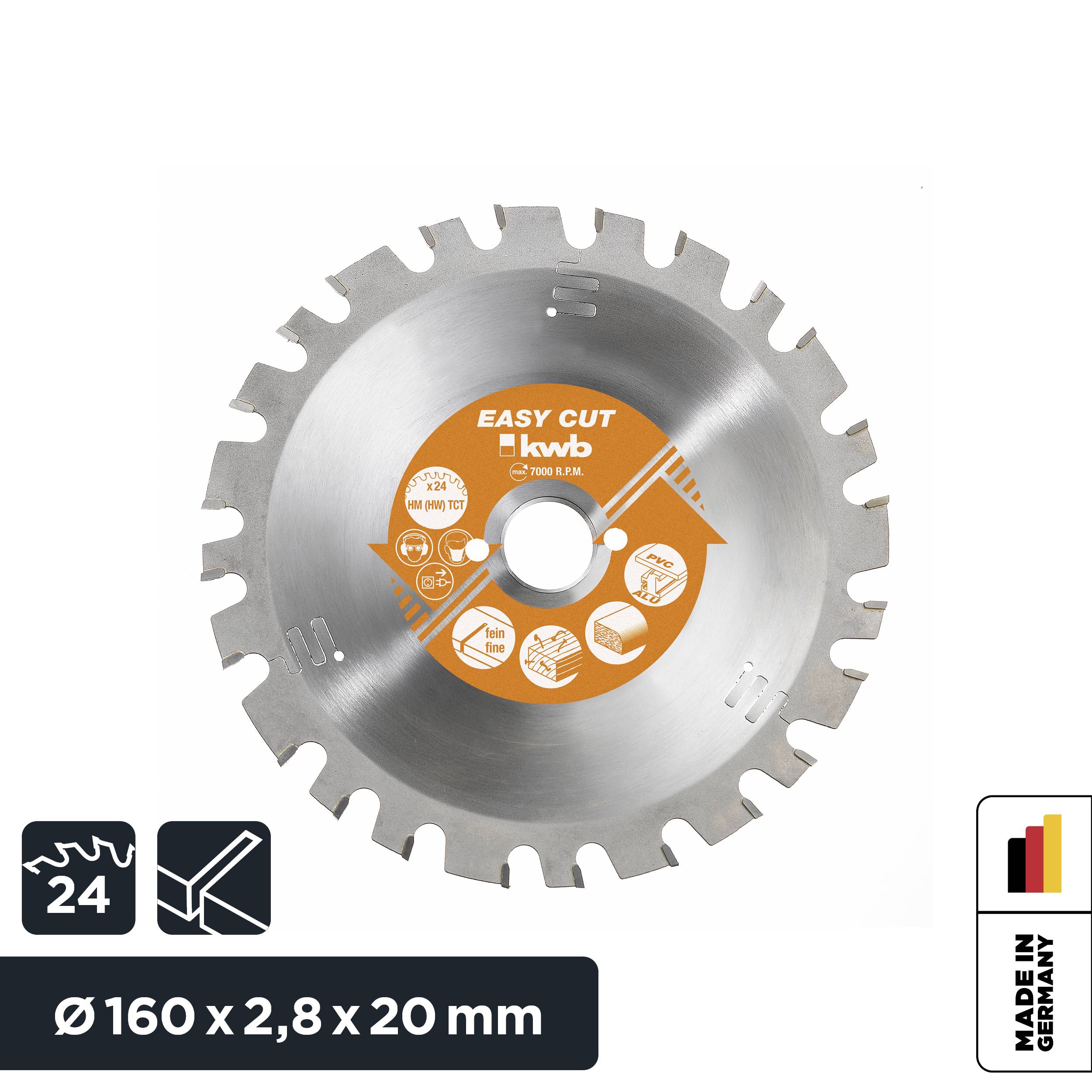 'Easy Cut Saw Blade, Ø 160 x 2.8 x 20 mm, 24 Teeth, KWB, Made in Germany.'
