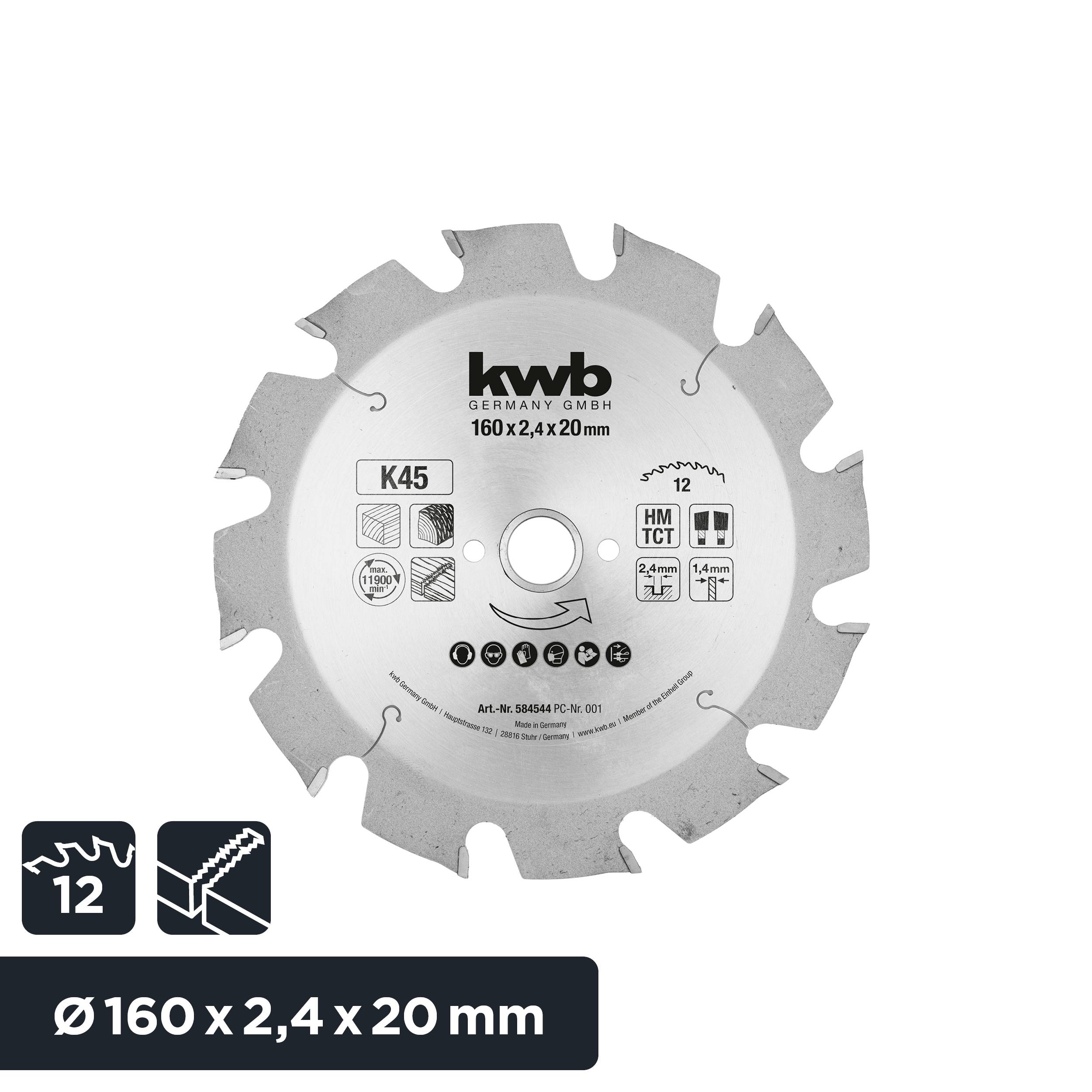 'Saw blade with 12 teeth, diameter 160 mm, width 2.4 mm, bore 20 mm, suitable for wood. Product logo and symbols, Model K45.'