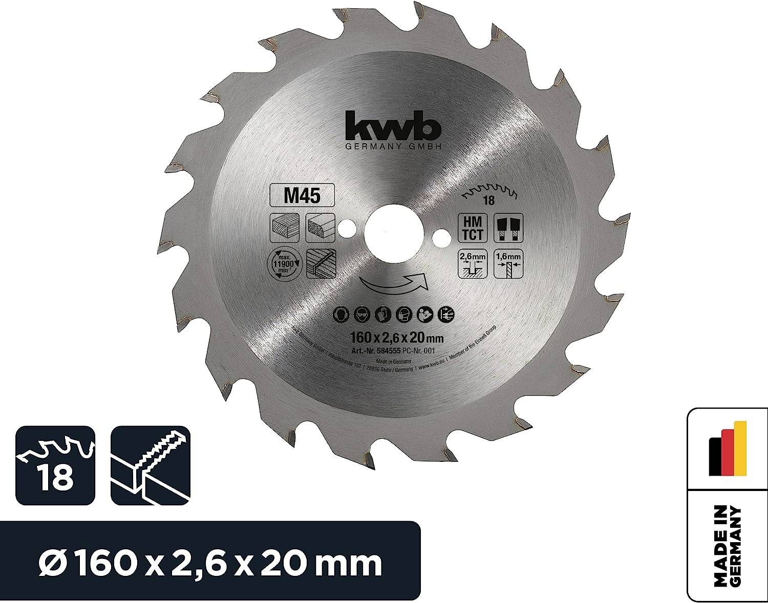 Circular saw blade, Ø 160 x 2.6 x 20 mm, 18 teeth, for woodworking, with 'Made in Germany' marking and technical symbols.