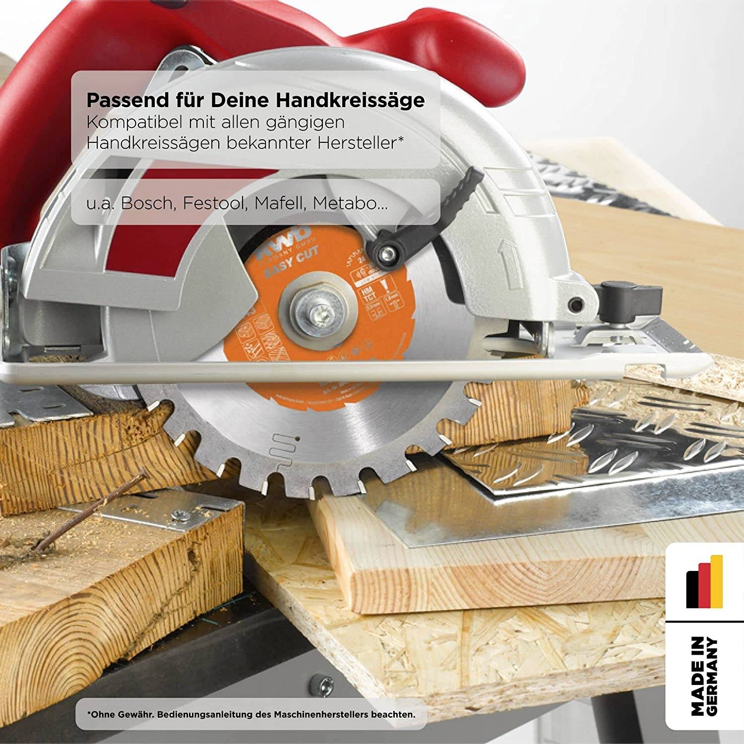 Circular Saw Cutting Wood. Text at top: 'Suitable for Your Circular Saw'. Bottom 'Made in Germany'. Compatible with Many Brands.