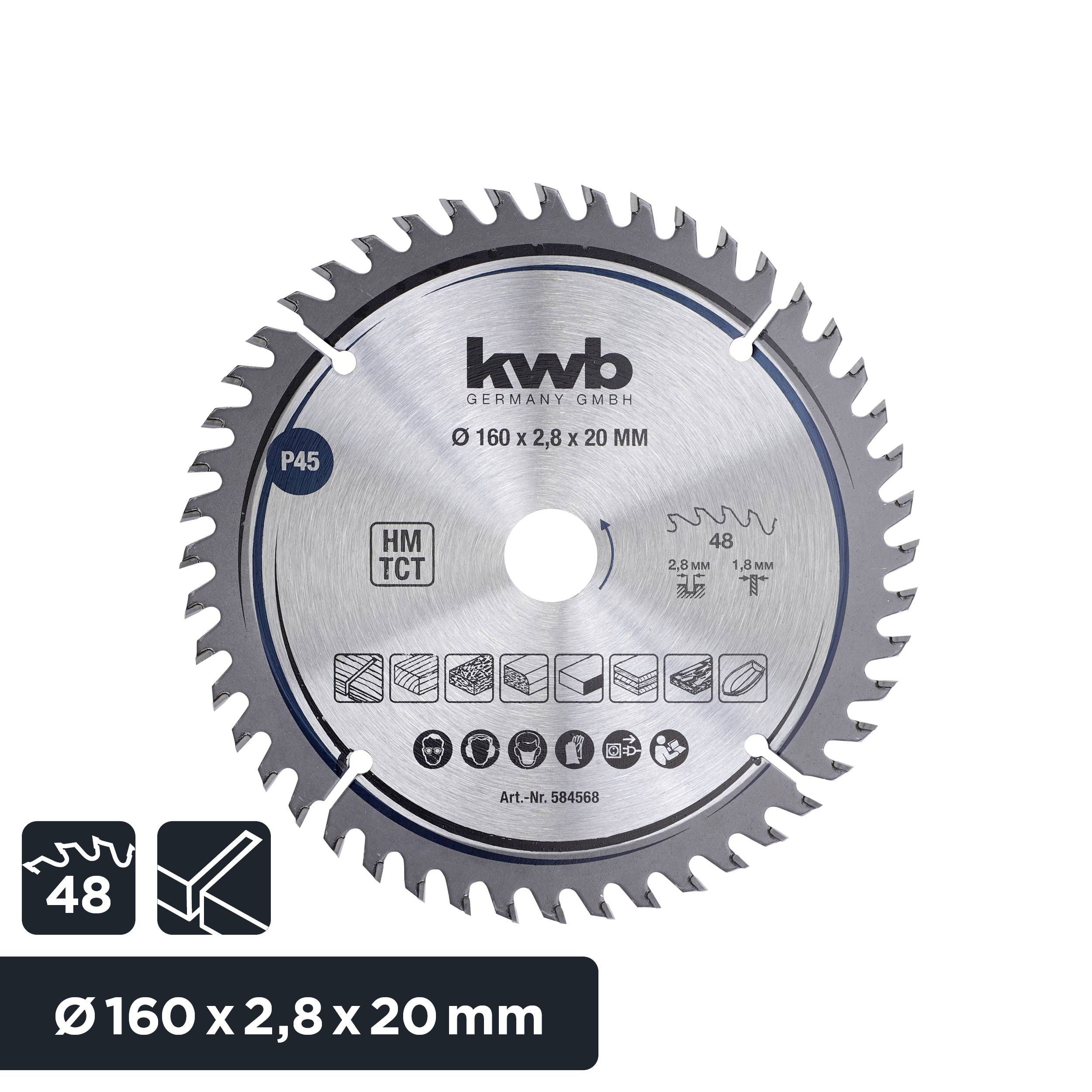 Saw blade with 48 teeth, diameter 160 mm, width 2.8 mm, bore 20 mm. Suitable for wood and metal.