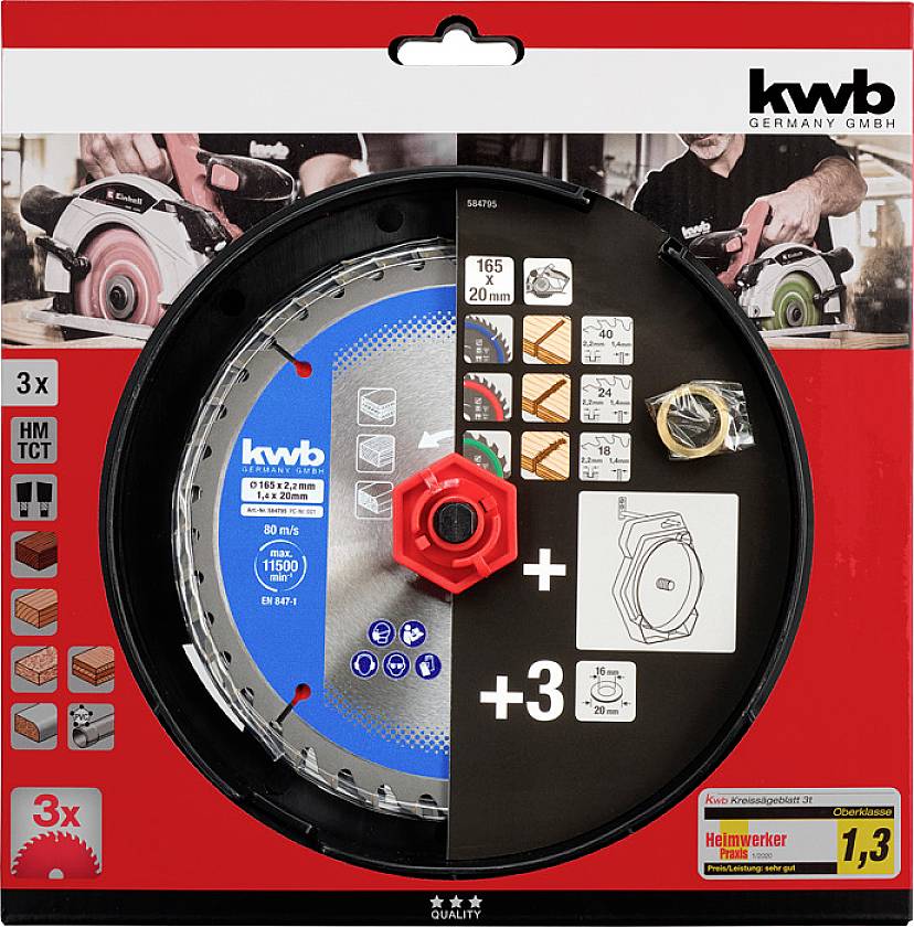 Packaging for a Kwb cutting disc for angle grinder, containing three blades and accessories, compatible with various materials.<br><br>Translation note: This is already quite close to British English. The terminology and structure are clear and standard.