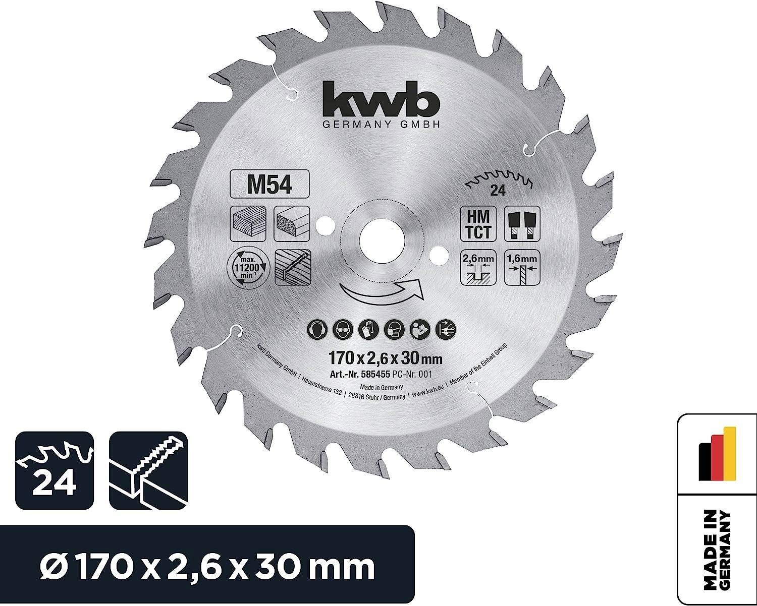 Circular saw blade by 'kwb Germany GmbH', Ø 170 x 2.6 x 30 mm, 24 teeth, for wood and metal, 'Made in Germany', including symbols.