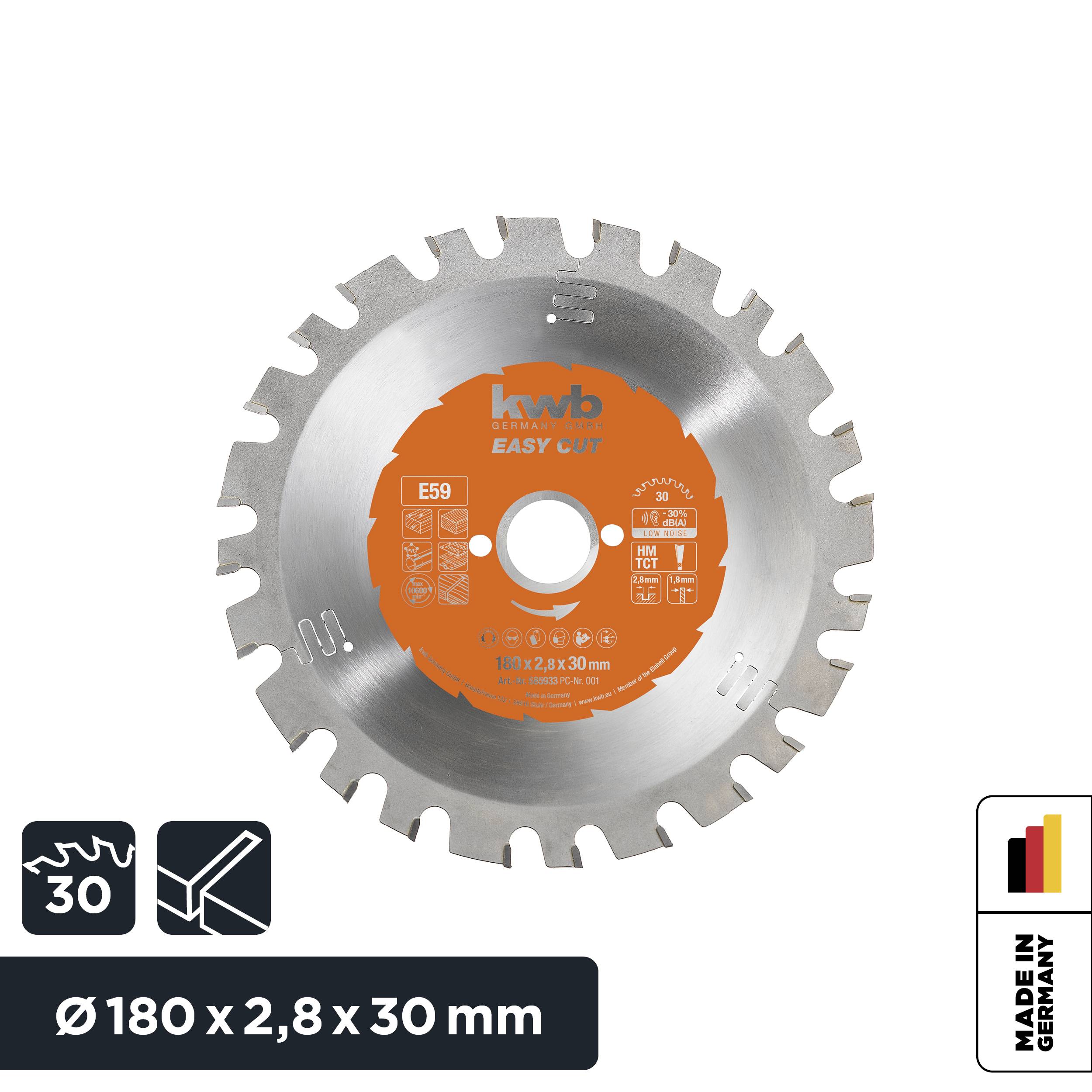 'Circular Saw Blade for Wood, Ø 180 x 2.8 x 30 mm, 30 Teeth, Made in Germany. Suitable for precise and fast cuts.'