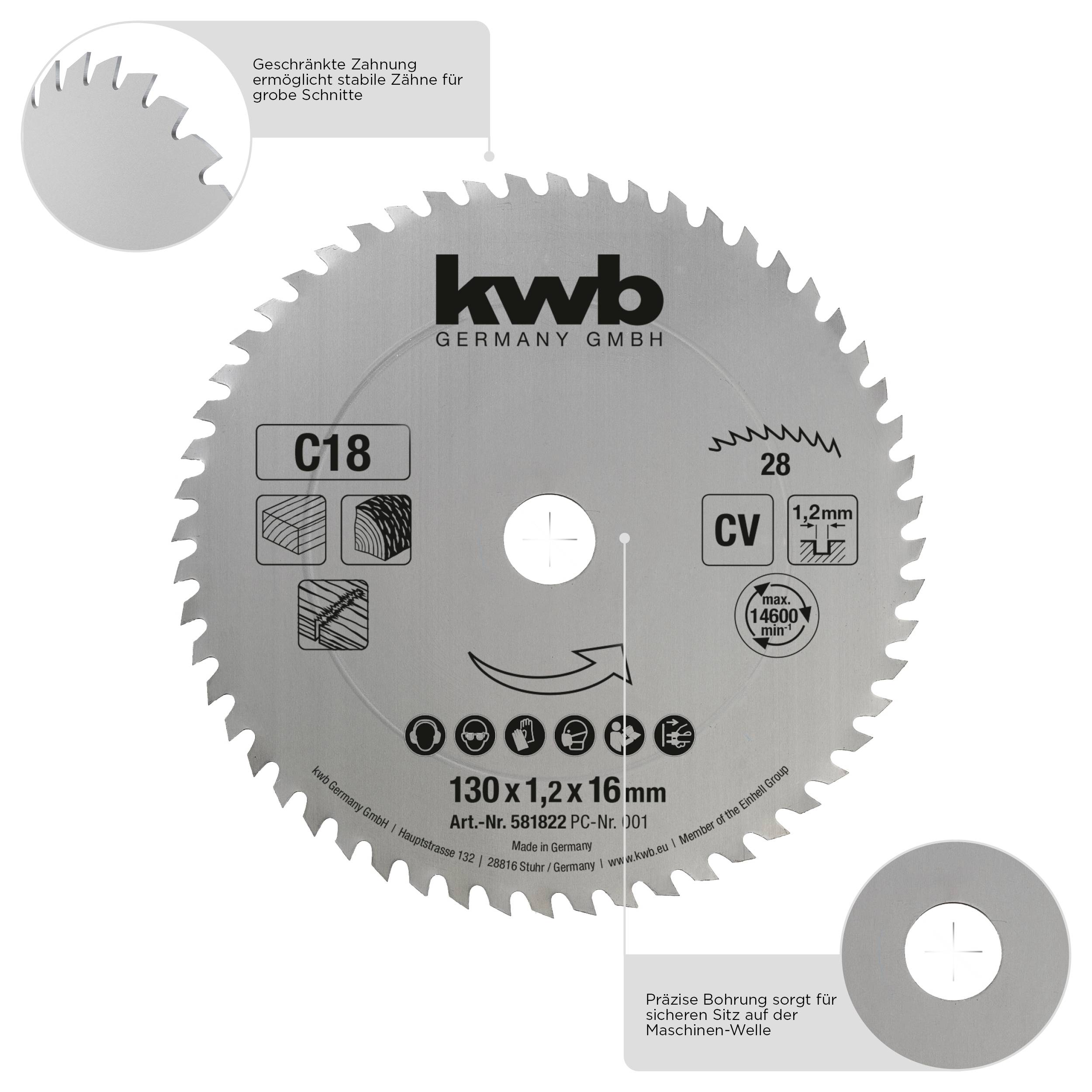 'Saw blade with offset tooth set for coarse cuts, precision-drilled for secure fit. 130 x 1.2 x 16 mm, maximum 11,000 rpm.'