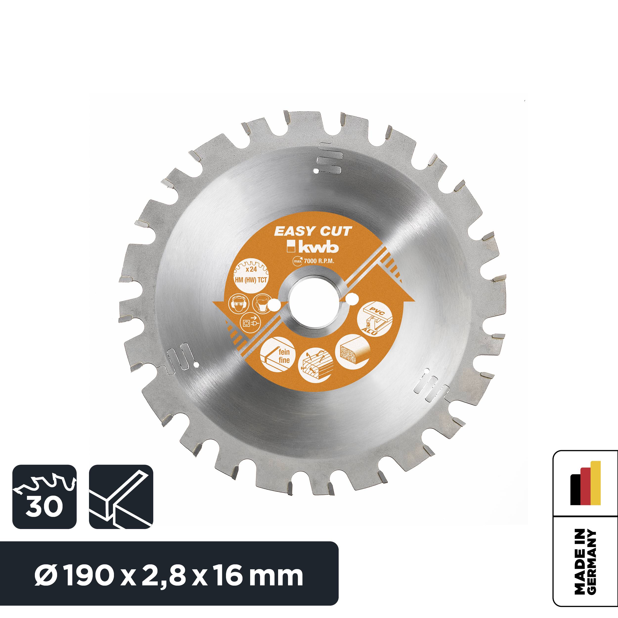 Circular saw blade with 30 teeth, diameter 190 mm, kerf width 2.8 mm, bore 16 mm, brand 'kwb', suitable for wood and plastic.