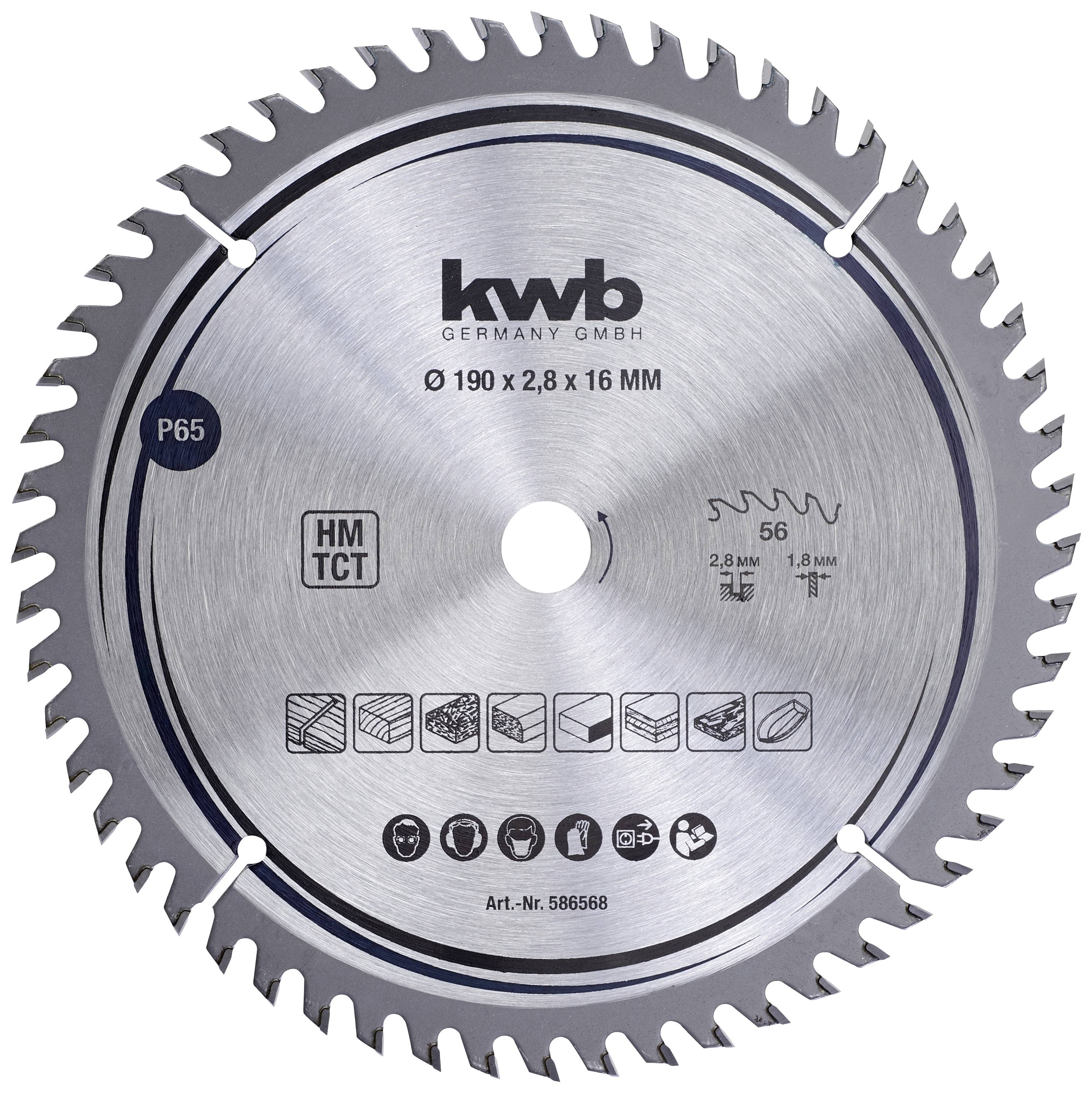 Circular saw blade, 190 x 2.8 x 16 mm, brand 'kwb Germany'. Symbols are shown for material suitability and detailed tooth configuration information.