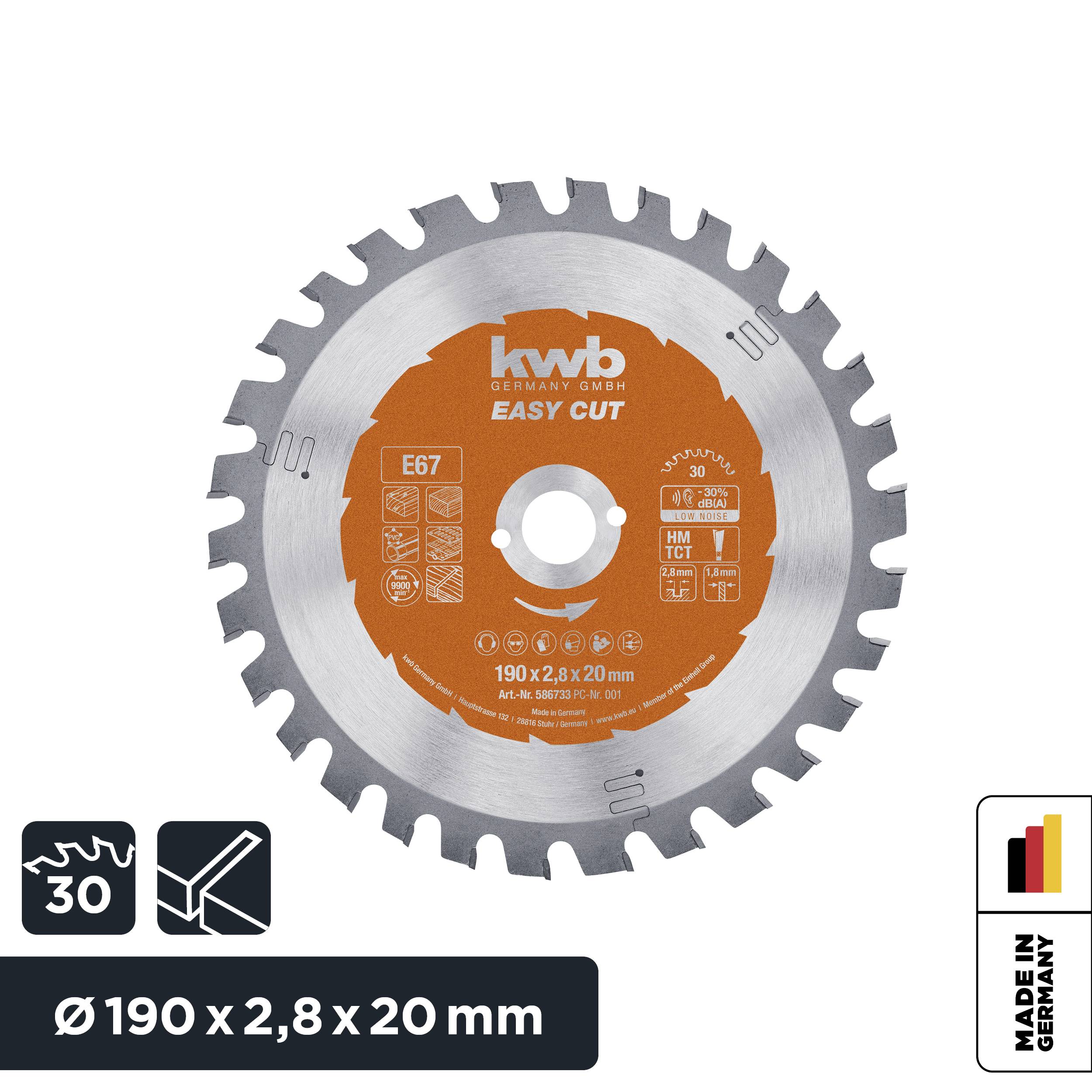 Circular Saw Blade 'KWB Easy Cut', Ø190 x 2.8 x 20 mm, 30 teeth, for wood and metal, Made in Germany.