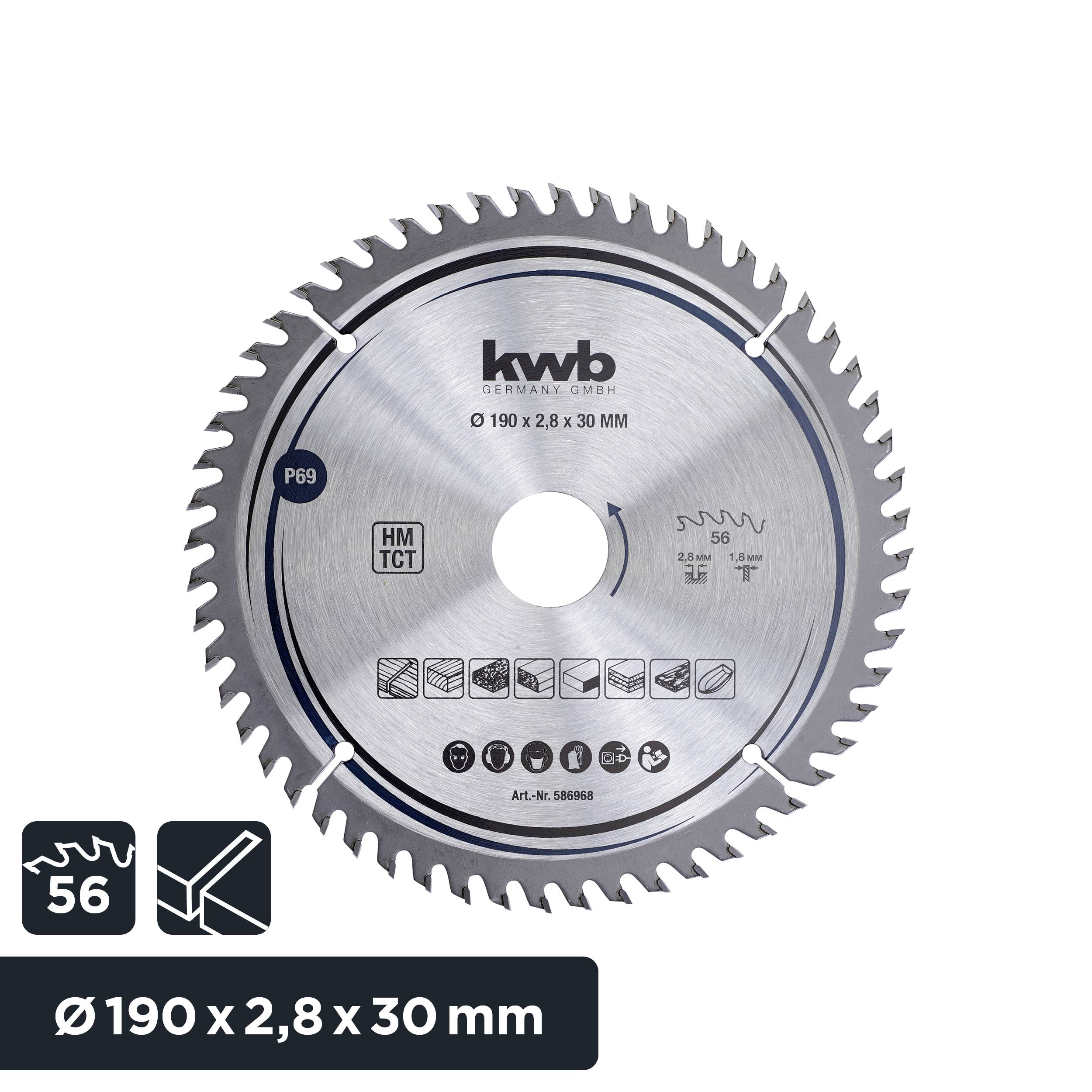 'Saw blade by kwb with 56 teeth, diameter 190 mm. Suitable for wood, plastic and aluminium. Tungsten carbide-tipped.'
