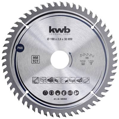 'Metal circular saw blade, KWB Germany GmbH, 190 x 2.8 x 30 mm, P69, 56 teeth, Item No. 586968. Symbols for material applications.'