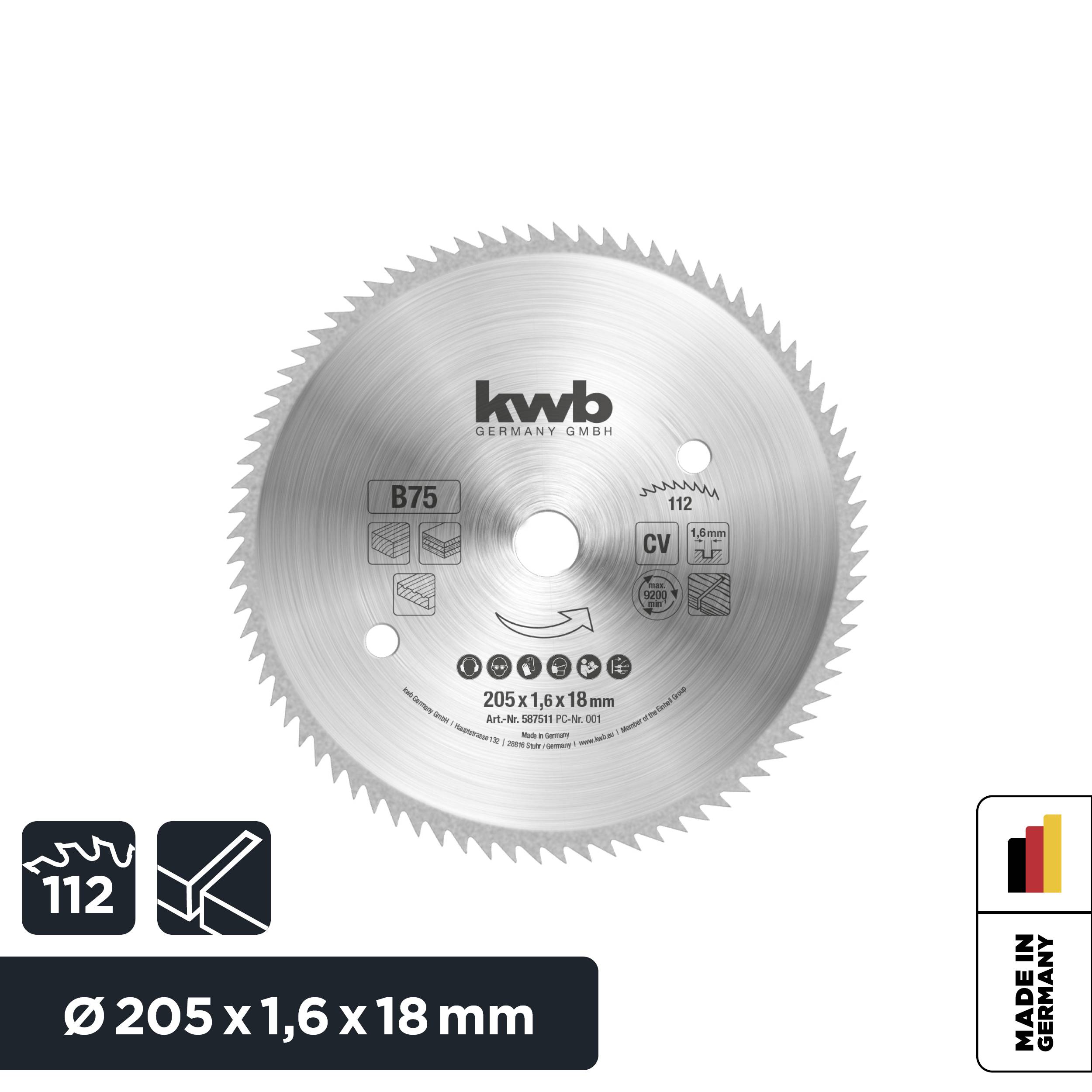 Circular saw blade by 'kwb Germany GmbH', diameter 205 mm, thickness 1.6 mm, bore 18 mm, suitable for wood and metal, Made in Germany.