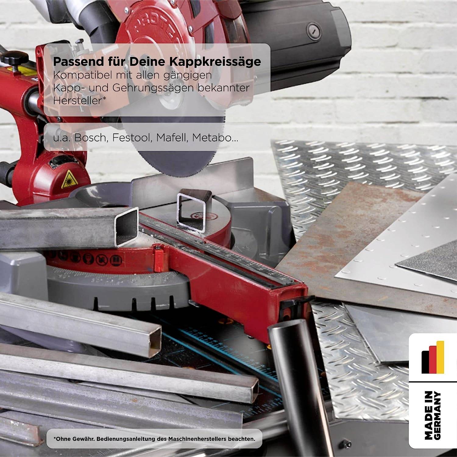 Machine adapter for mitre saw, compatible with many manufacturers. Slogan: 'Perfect for Your Mitre Saw'. Made in Germany.