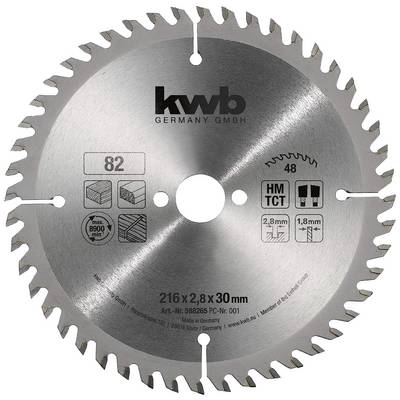 'Saw blade by kwb, diameter 216 mm, thickness 2.8 mm, bore 30 mm, 48 teeth. Suitable for wood. Manufacturer: kwb Germany GmbH.'