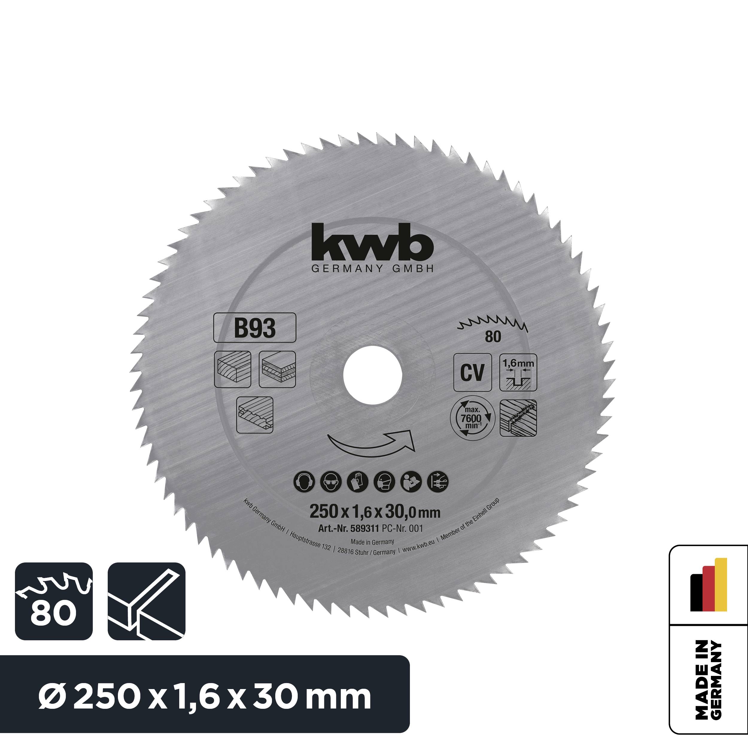 Circular saw blade, silver, diameter 250 mm, thickness 1.6 mm, bore 30 mm, suitable for wood, metal. Marked as 'Made in Germany'.