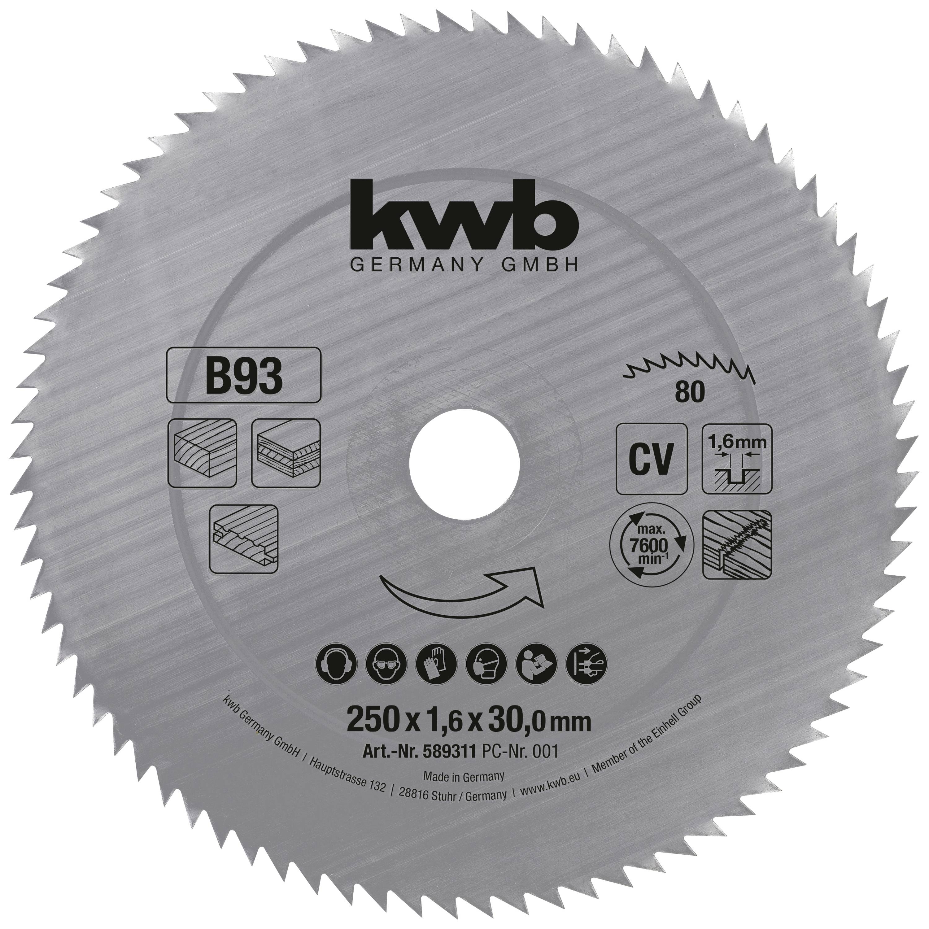 Circular saw blade, 250 mm diameter, 1.6 mm thickness. Suitable for wood, plastics and aluminium. 80 teeth, bore 30 mm.