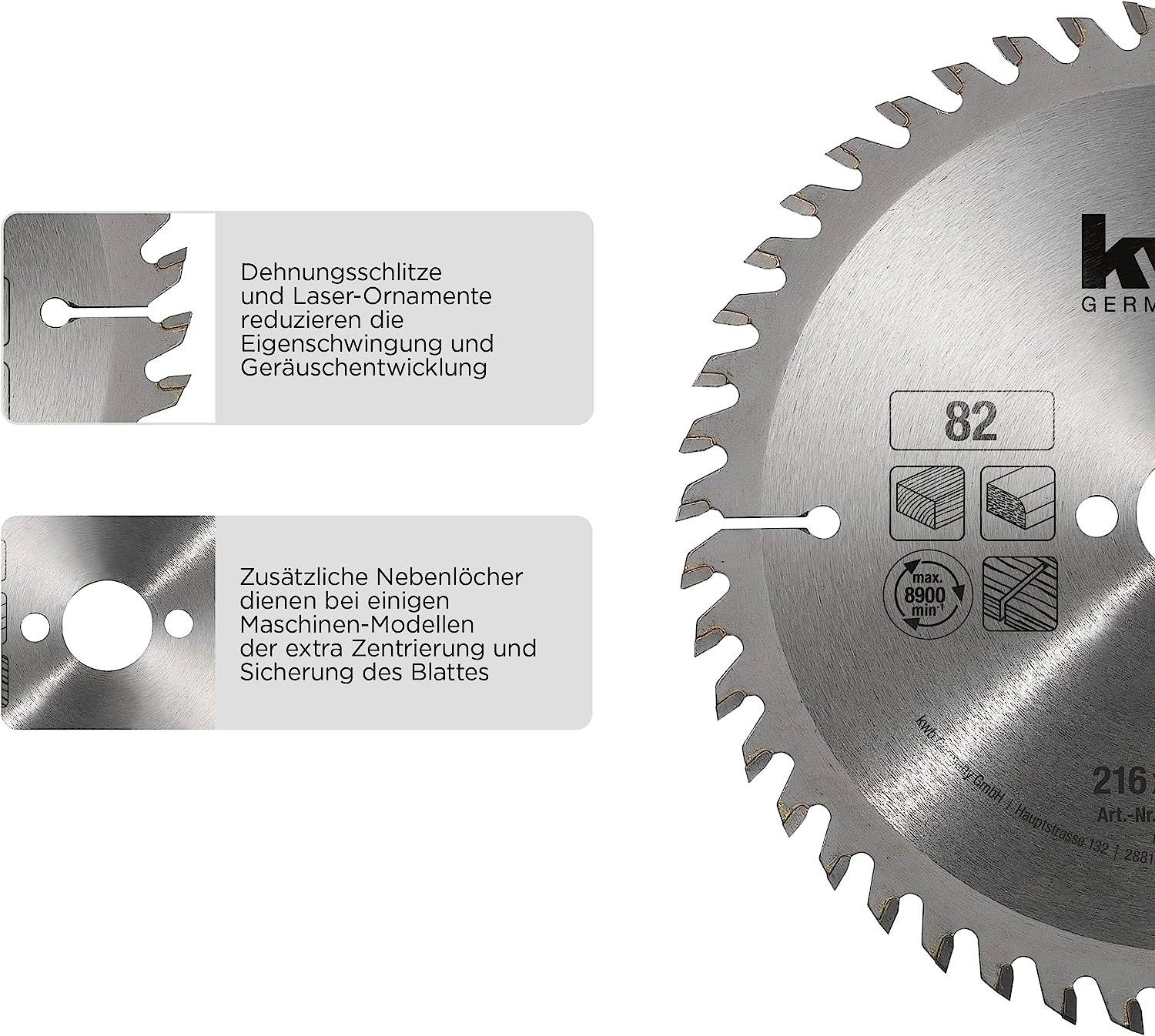 Circular saw blade with expansion slots and laser-engraved ornaments to reduce noise. Additional holes for improved centring.