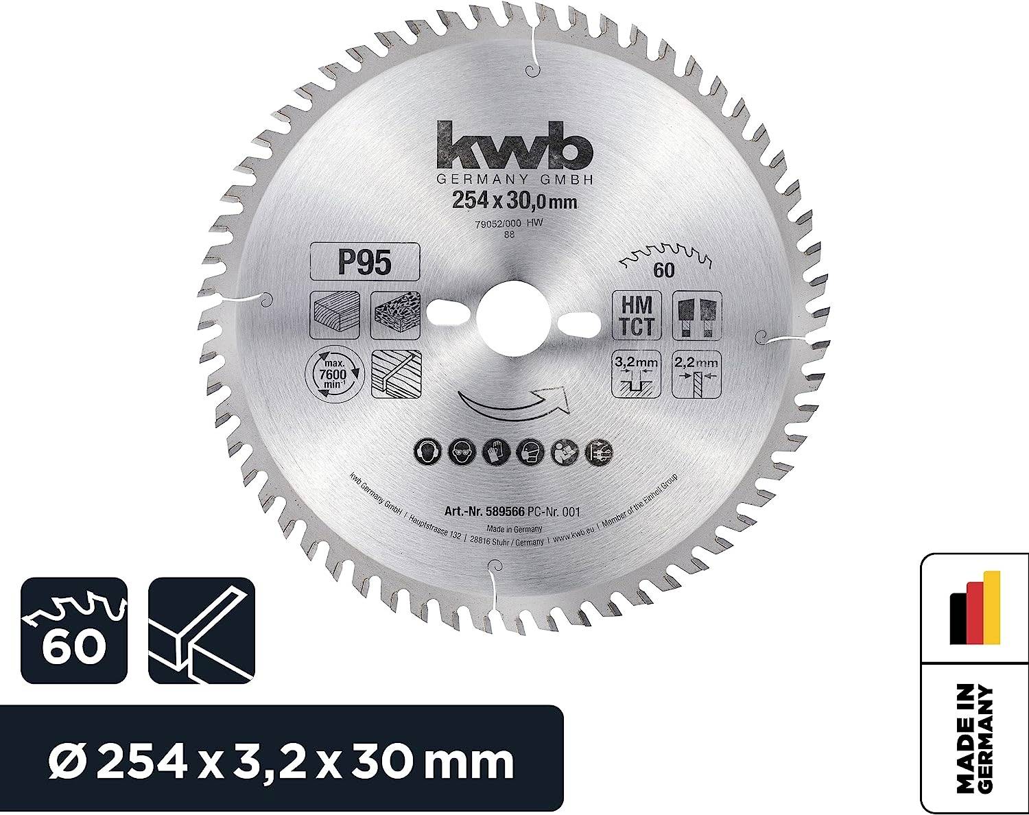 Circular saw blade with 60 teeth, diameter 254 mm. Suitable for wood. Brand logo 'kwb'. Manufactured in Germany.