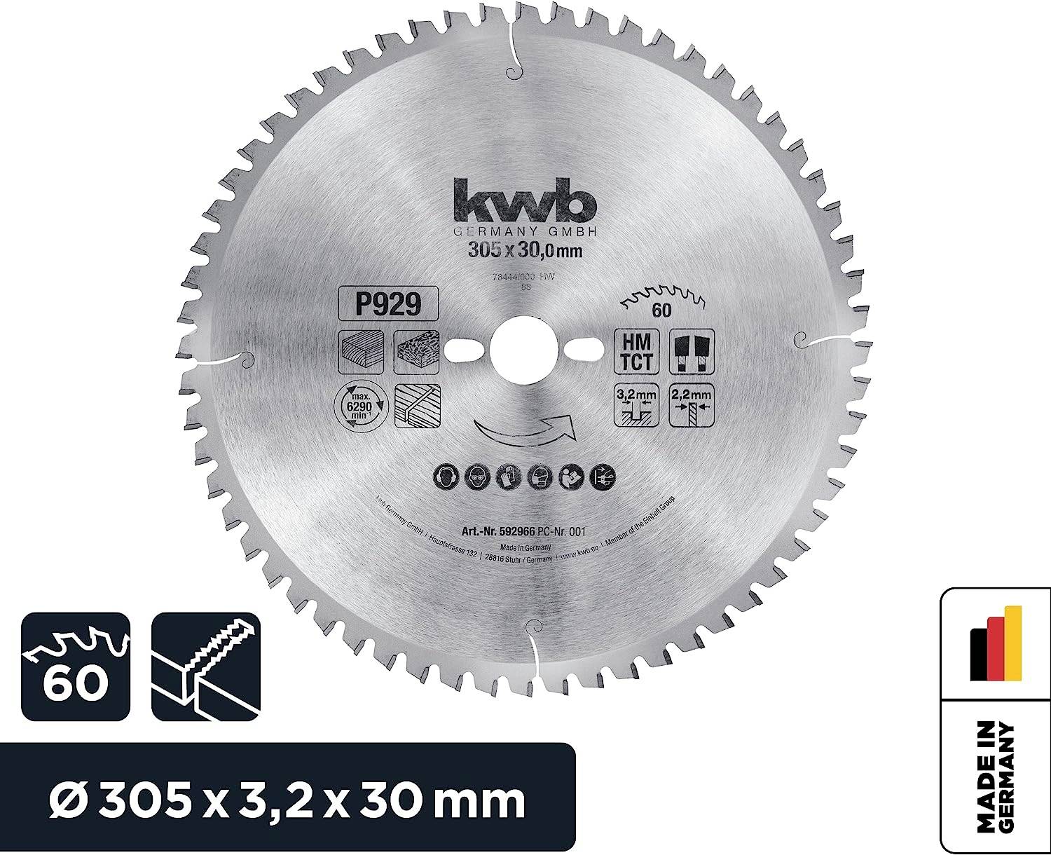 Round circular saw blade with sharp teeth, inscription 'kwb Germany GmbH', diameter 305 mm, for wood and plastic cutting, manufactured in Germany.