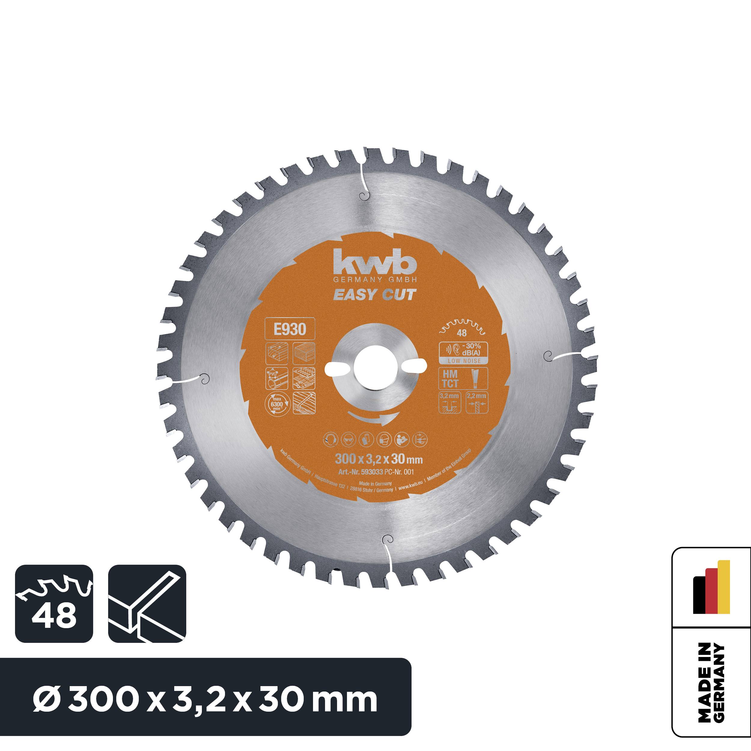 Circular Saw Blade 'kwb easy cut', Ø 300 mm, orange/silver, 48 teeth, for wood, hardwood and plastics, 'Made in Germany'.