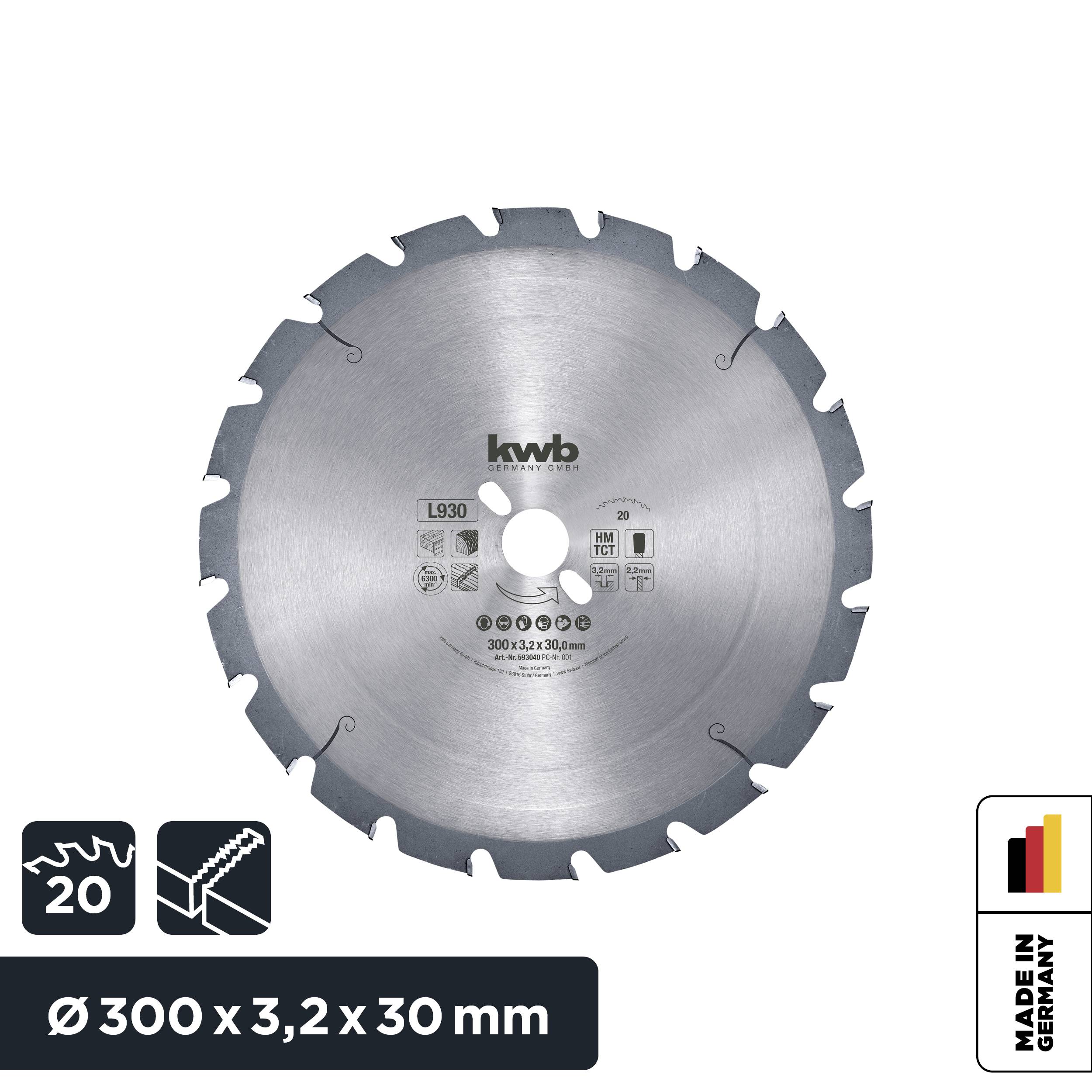 Circular saw blade with 20 teeth, diameter 300 mm, width 3.2 mm, bore 30 mm. 'kwb' brand logo and 'Made in Germany' displayed.