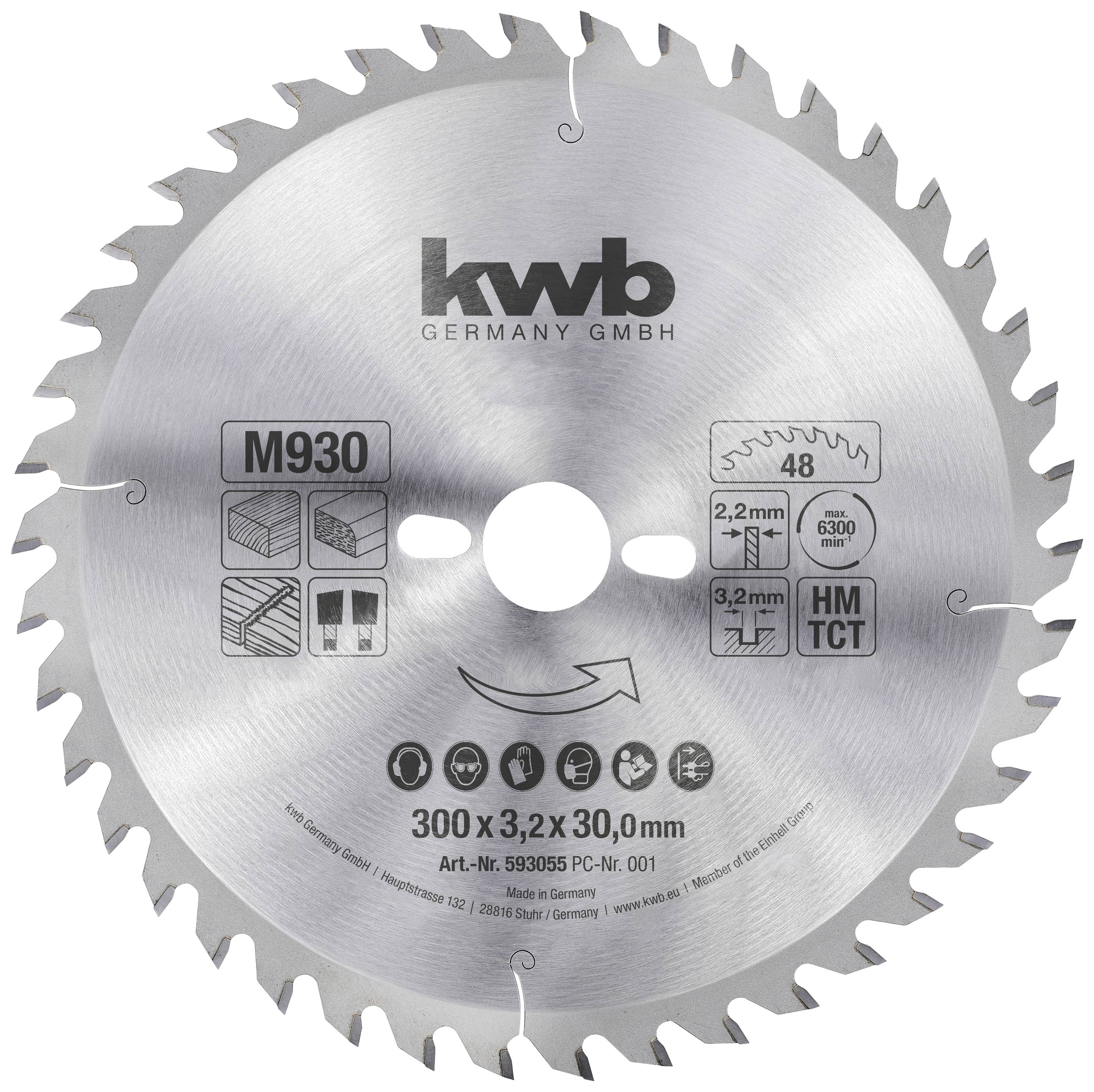 Round, silver circular saw blade with inscription 'kwb GERMANY GMBH', 'M930', and '300 x 3.2 x 30 mm'. Suitable for wood, plastic and aluminium.