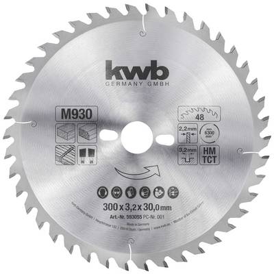 Round, silver circular saw blade with inscription 'kwb GERMANY GMBH', 'M930', and '300 x 3.2 x 30 mm'. Suitable for wood, plastic and aluminium.