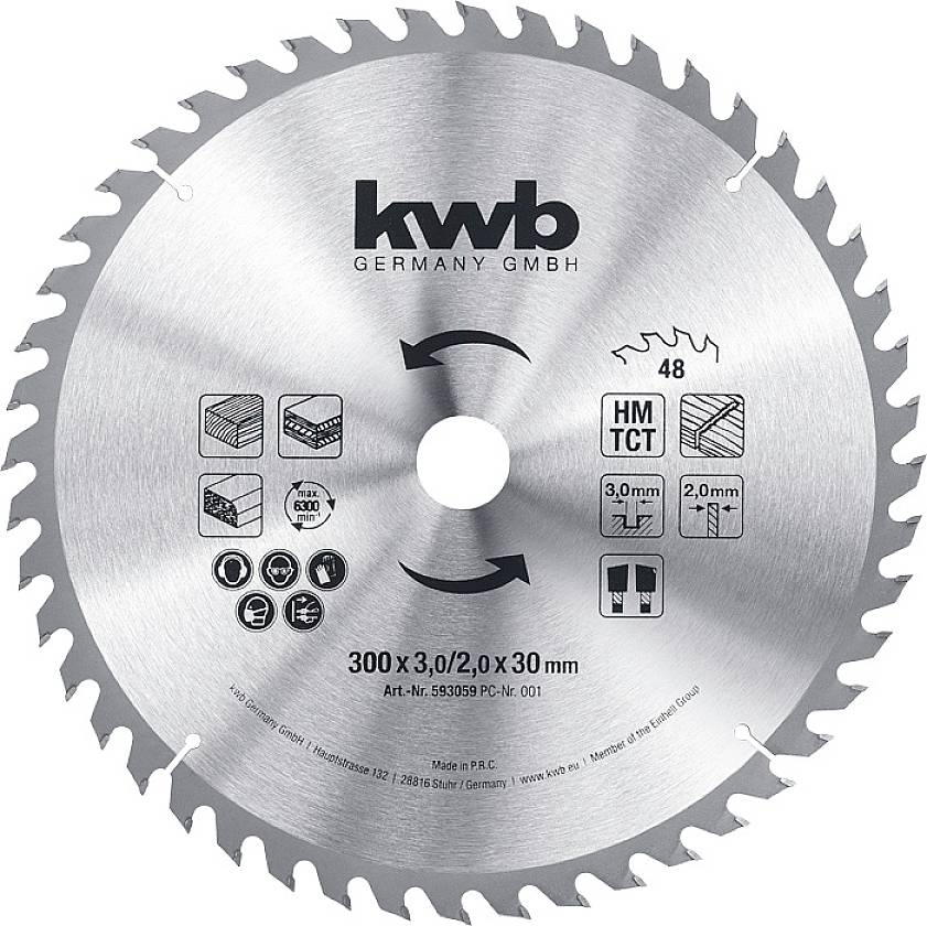 Circular saw blade with 48 teeth, suitable for woodworking. Inscription 'kwb GERMANY GMBH', dimensions: 300 x 3.0/2.0 x 30 mm.