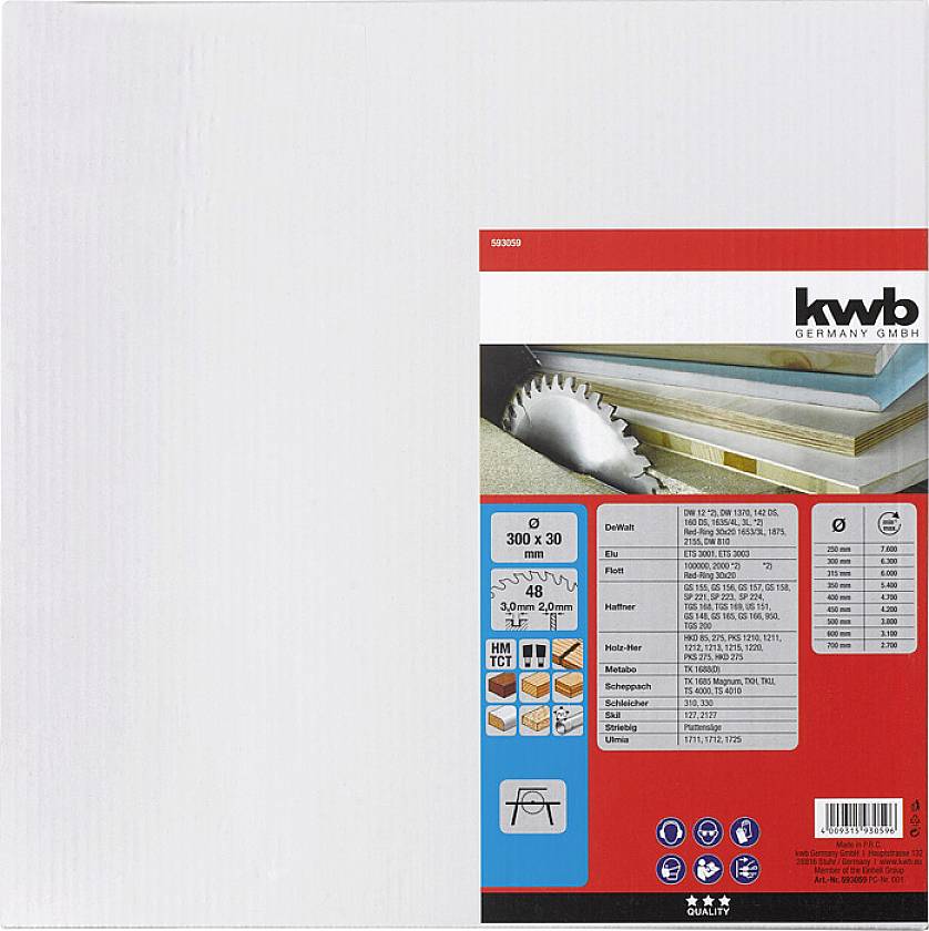 'Kwb' saw blade, circular, 30 cm diameter, 48 teeth, illustration with wooden boards. Product description and technical details on label.