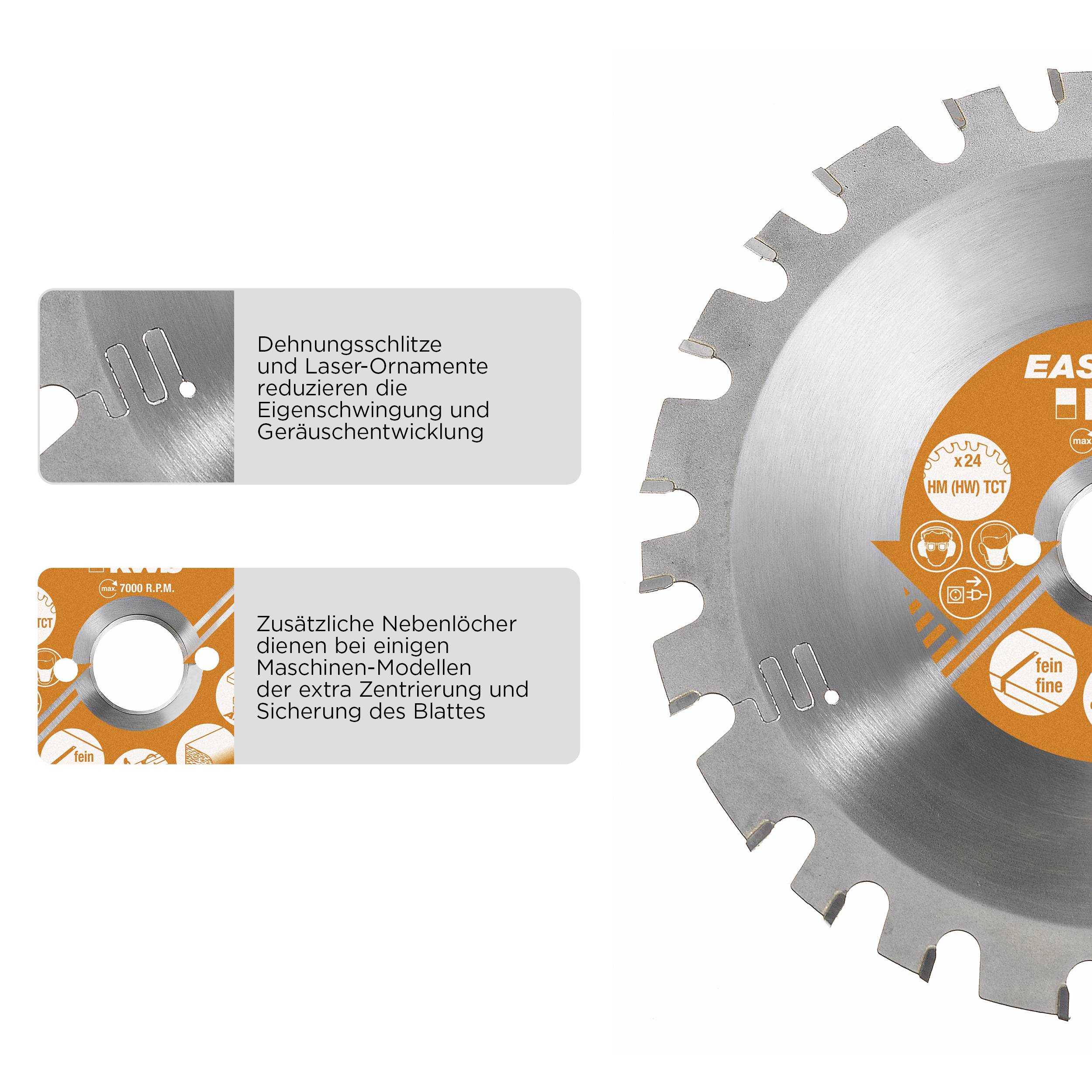 'Saw blade with expansion slots for vibration reduction. Additional fog holes for centring and securing the disc.'