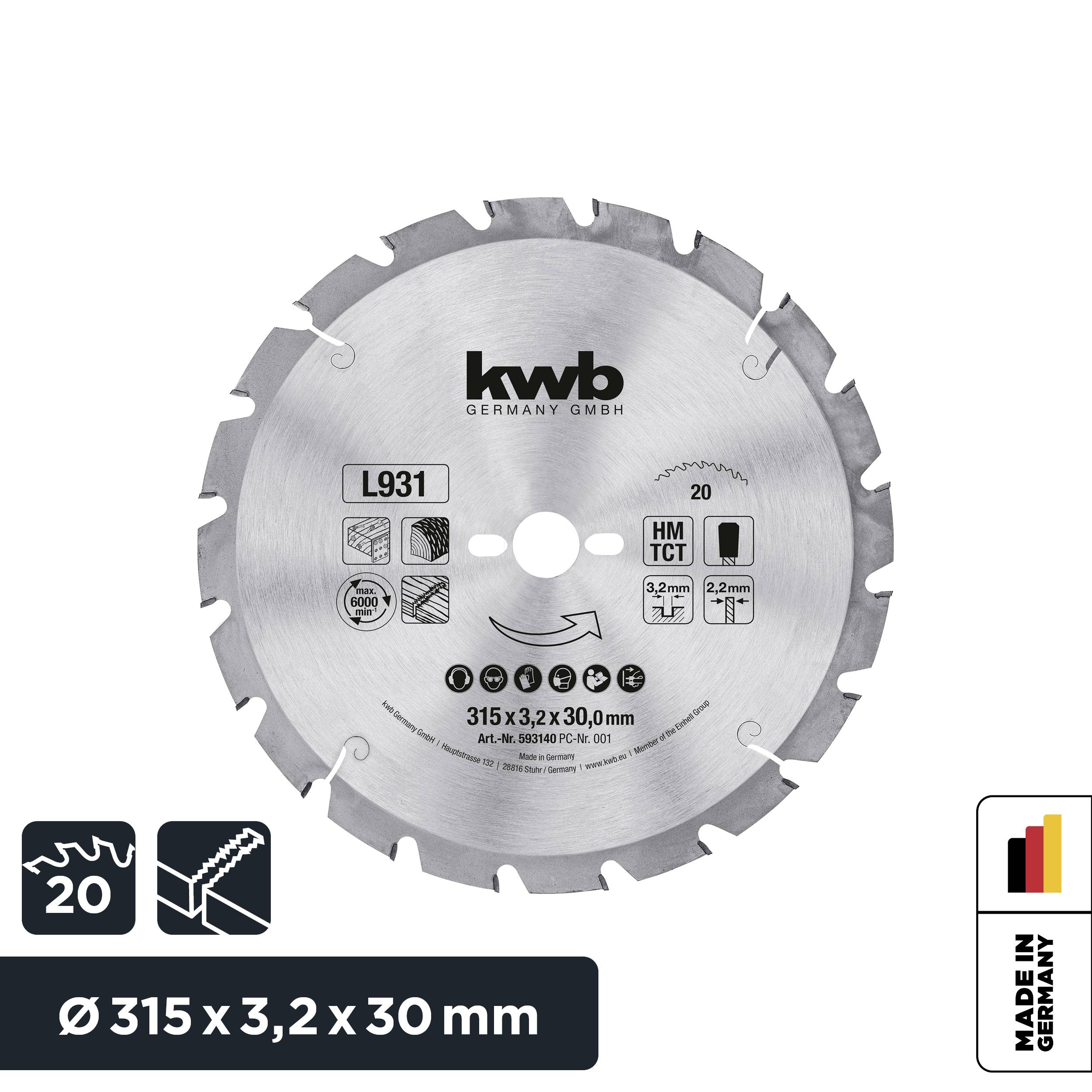 Circular Saw Blade by KWB with 315 mm Diameter. Suitable for Wood. Manufactured in Germany. Cutting Width 3.2 mm, Bore 30 mm.