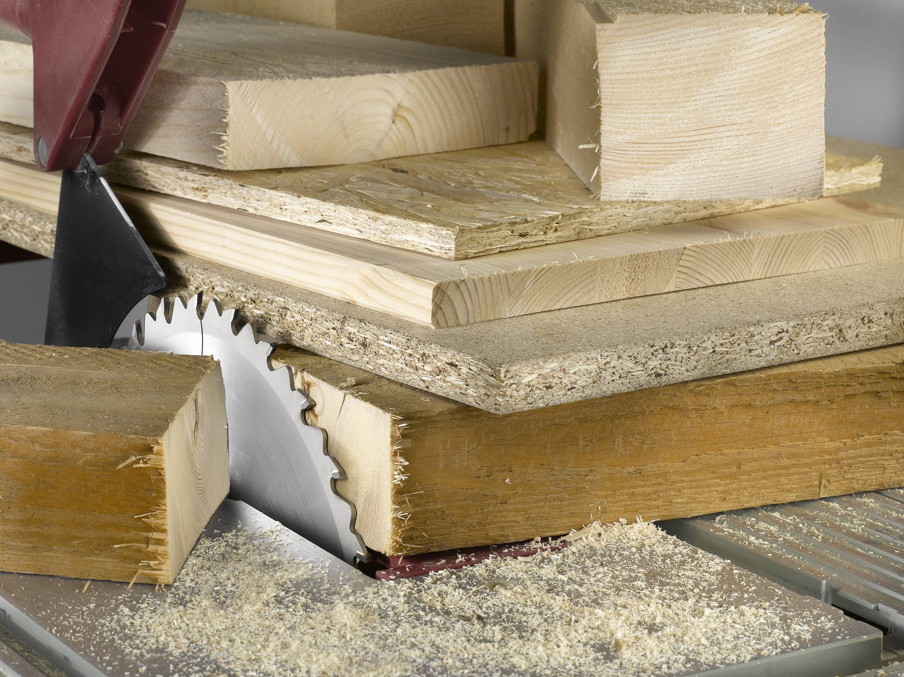 A wood saw cuts through a thick wooden board on a workbench, sawdust spreading around the saw, surrounded by several wooden blocks.