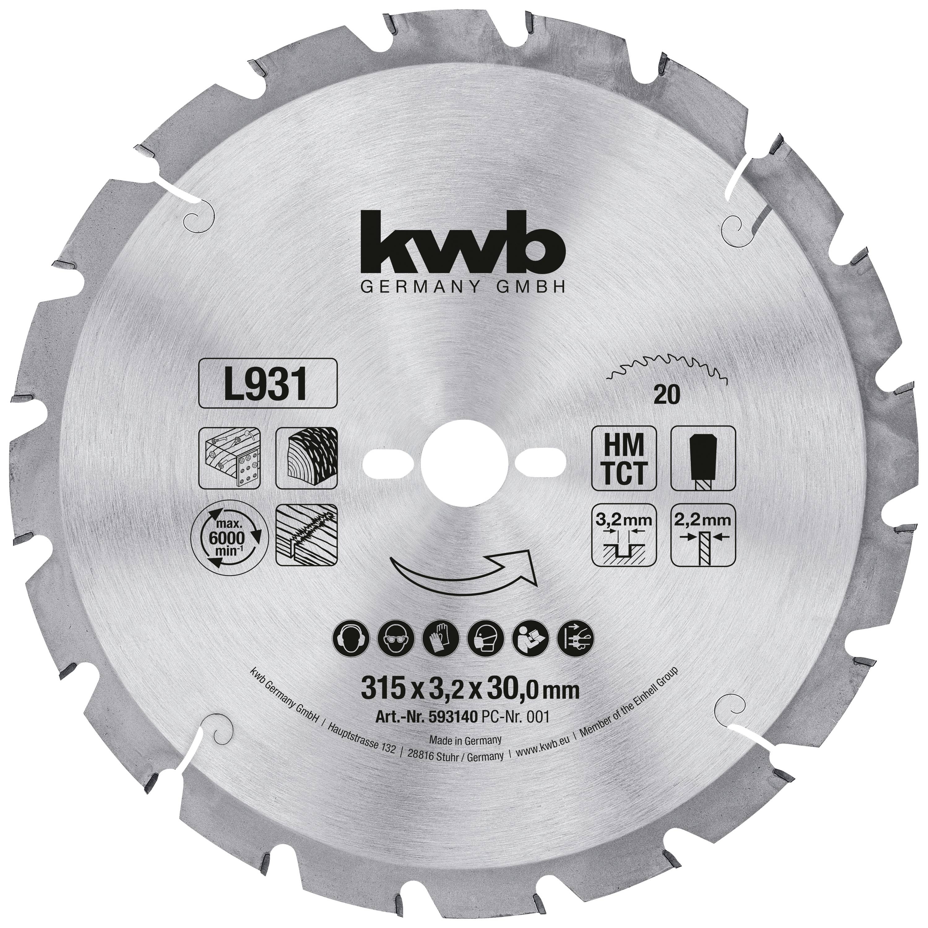 'KWB circular saw blade, 315 mm diameter, 3.2 mm thickness, 30 mm bore. Suitable for wood, metals. Max. 6,000 rpm.'