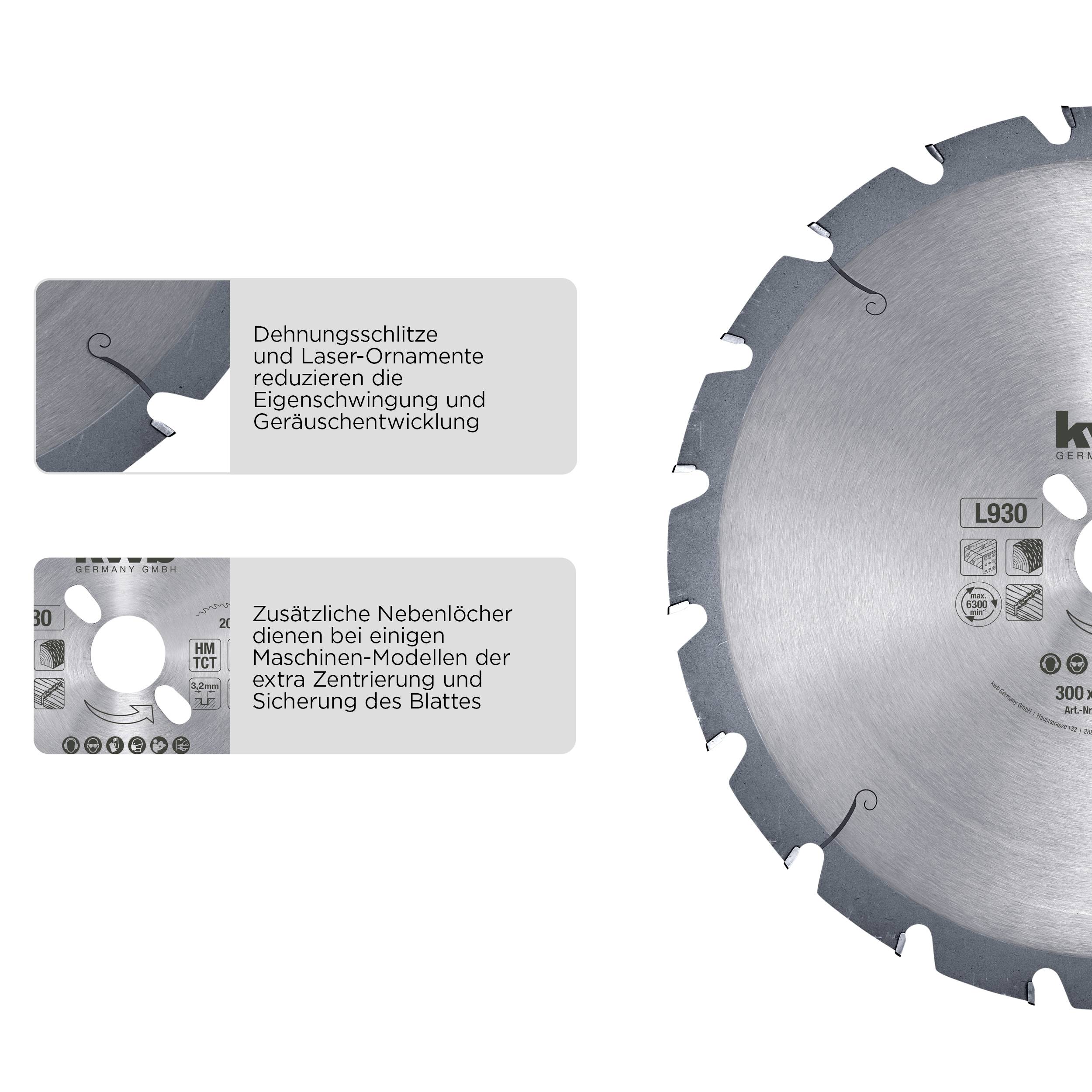 Two circular saw blades with laser ornaments and expansion slots for reduced vibration and noise development.