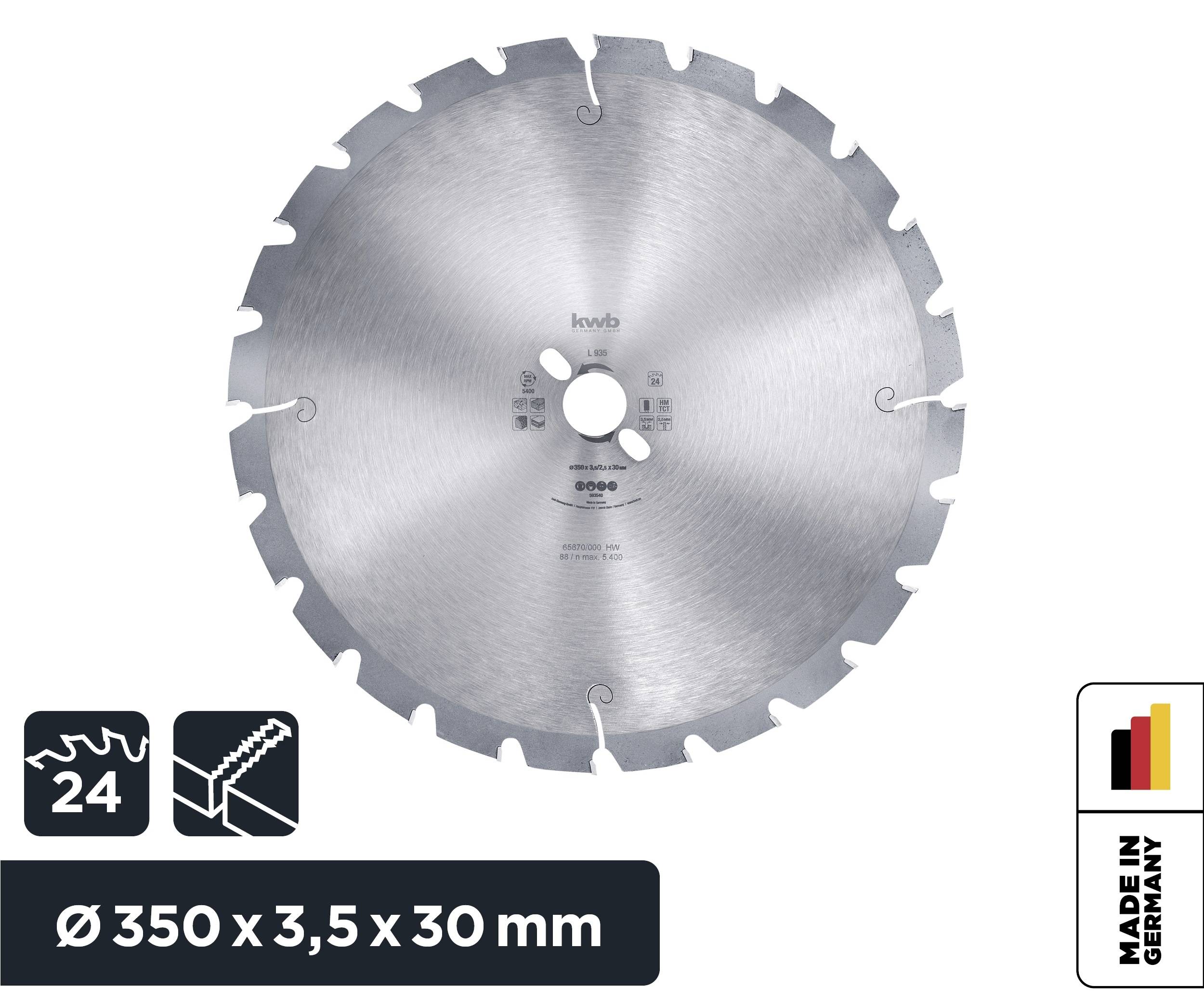 Metal saw blade with 24 teeth, diameter 350 mm, thickness 3.5 mm, bore 30 mm. Manufactured in Germany. Suitable for metalworking.