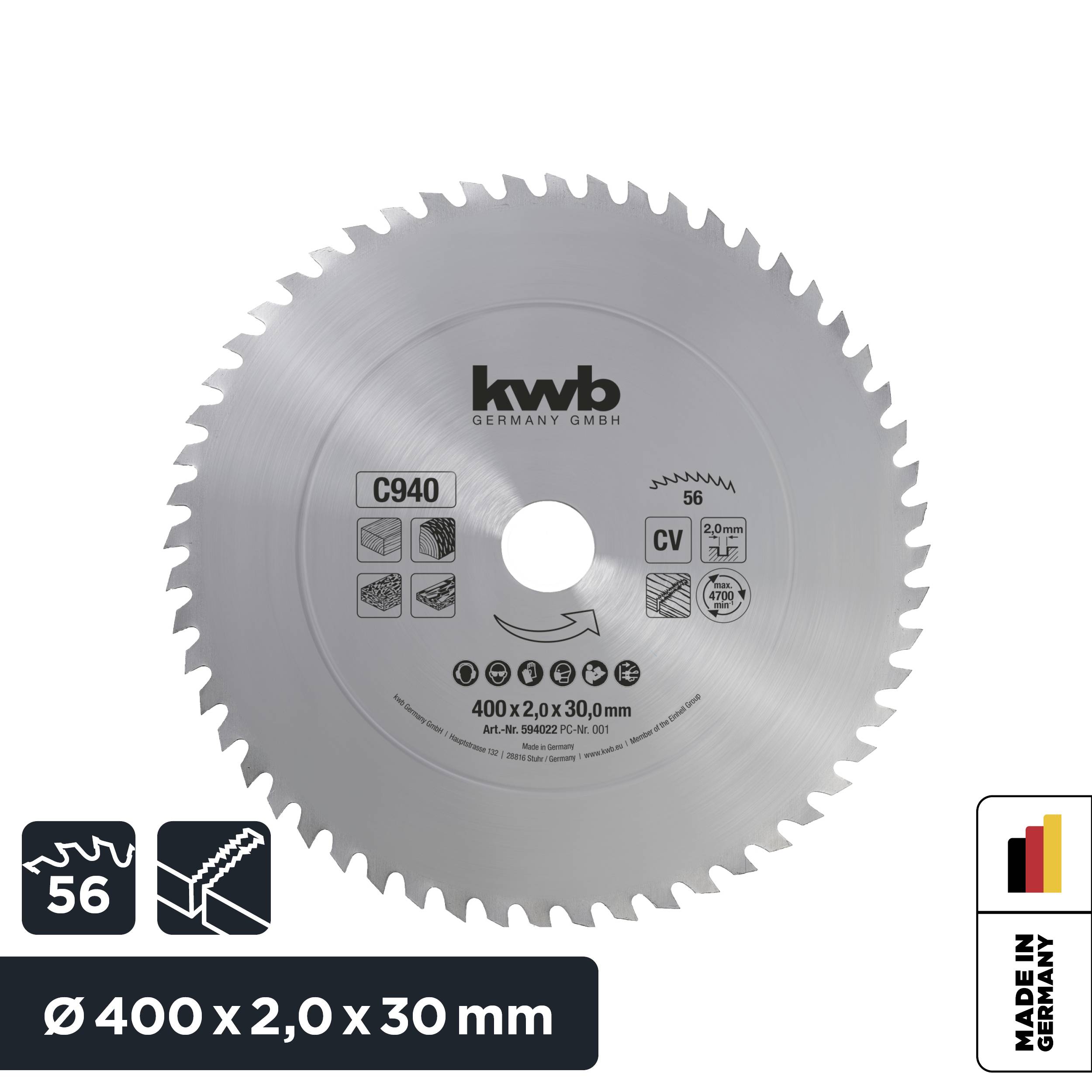 'Steel saw blade, Model C940, diameter 400 mm, thickness 2.0 mm, 56 teeth, Made in Germany.'