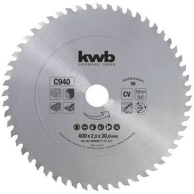 Saw blade with 56 teeth, suitable for wood and metals, diameter 400 mm, thickness 2.0 mm, 4700 rpm.
