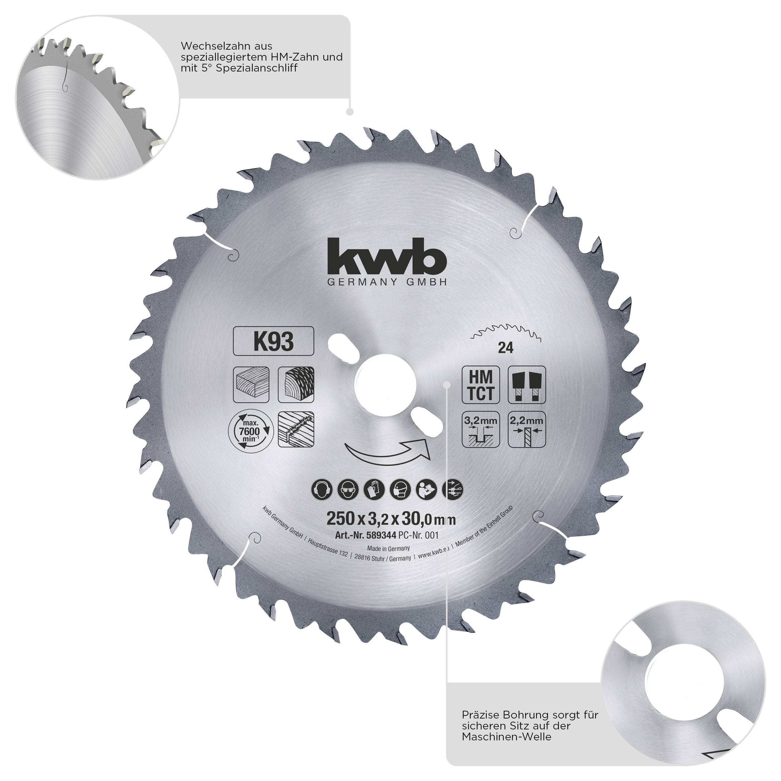 Saw blade by KWB with 24 teeth, diameter 250 mm. Special ground pattern and precise bore for attachment to the machine.