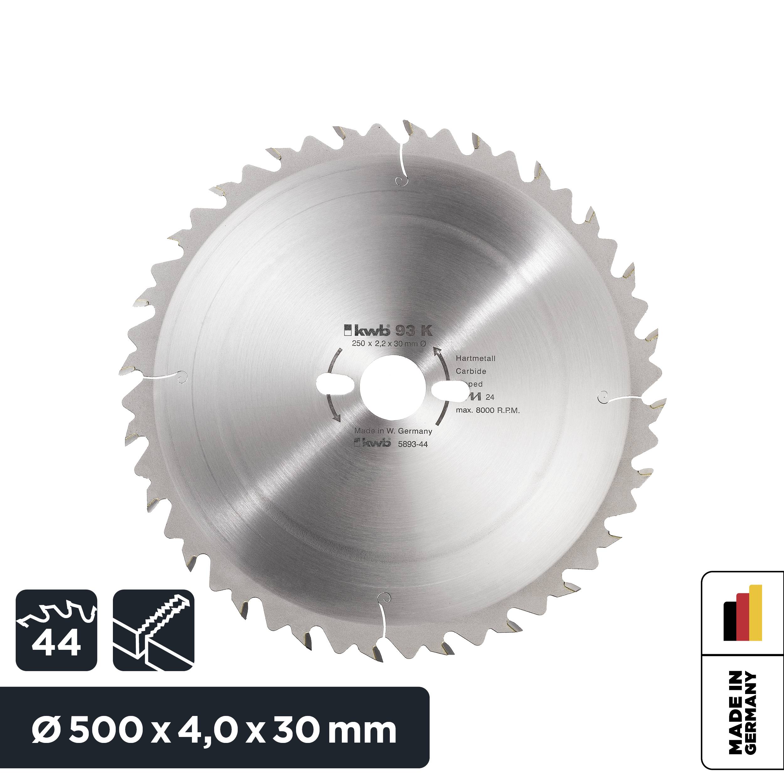 The image shows a silver circular saw blade by the brand 'kwb', 500 mm in diameter, 44 teeth, with the inscription 'Made in Germany'.