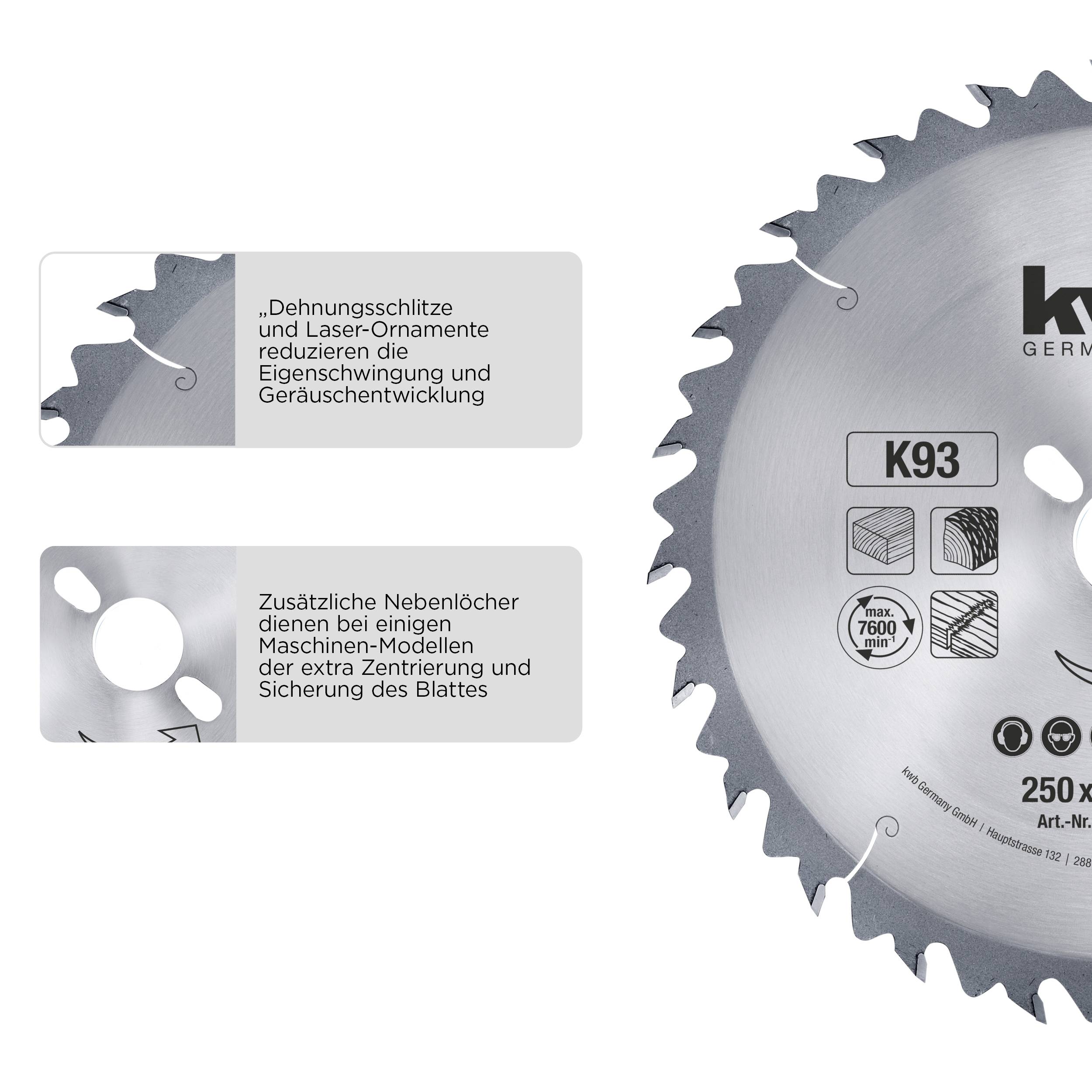 Circular saw blade with sound protection and mist holes, with laser ornaments on the right, description on the left reading 'reduce noise development'.