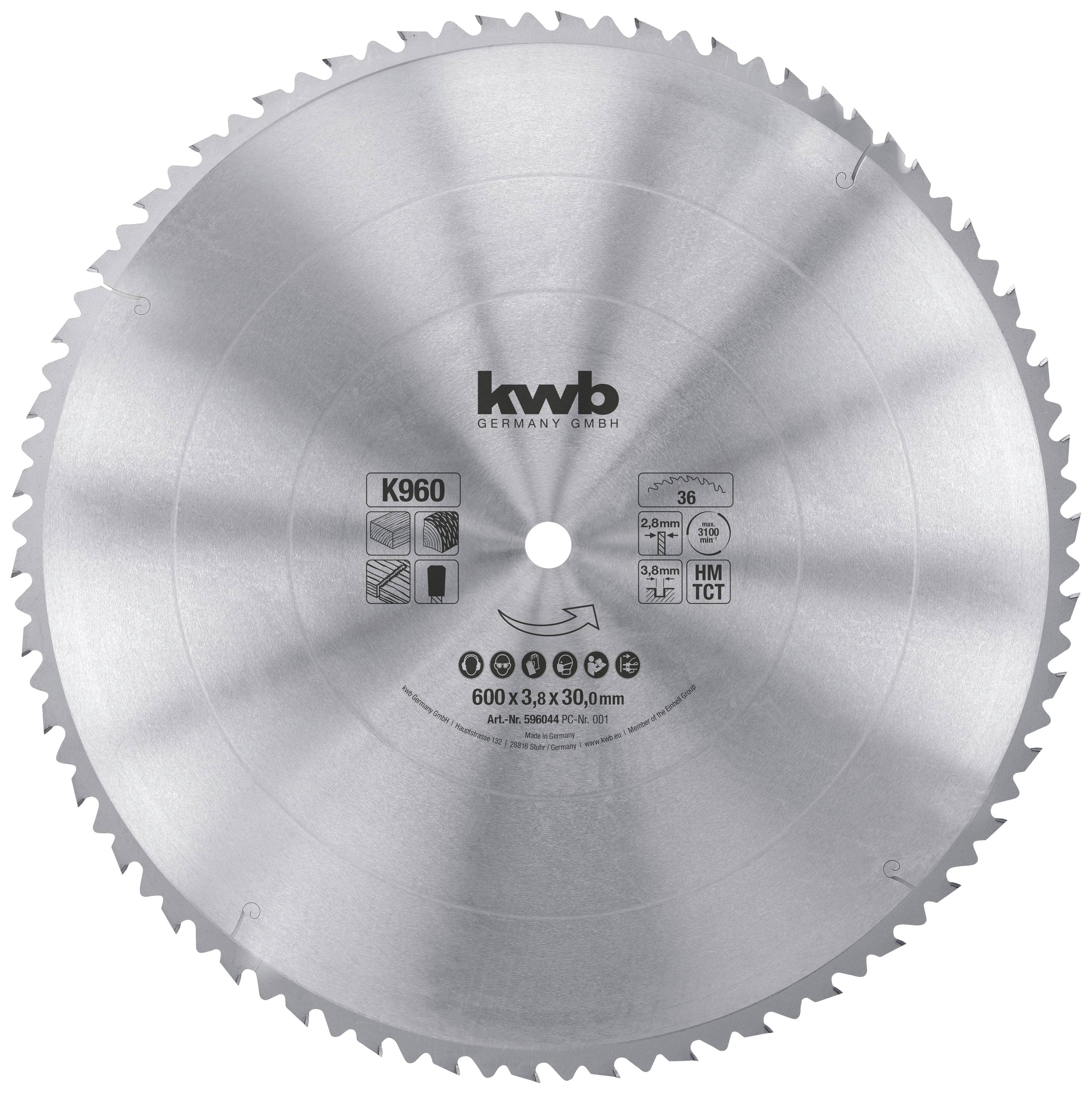 A silver saw blade with the inscription 'kwb Germany GmbH'. Diameter: 600 mm. Shows symbols for wood and metal cutting.