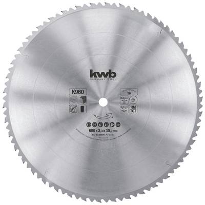 A silver saw blade with the inscription 'kwb Germany GmbH'. Diameter: 600 mm. Shows symbols for wood and metal cutting.