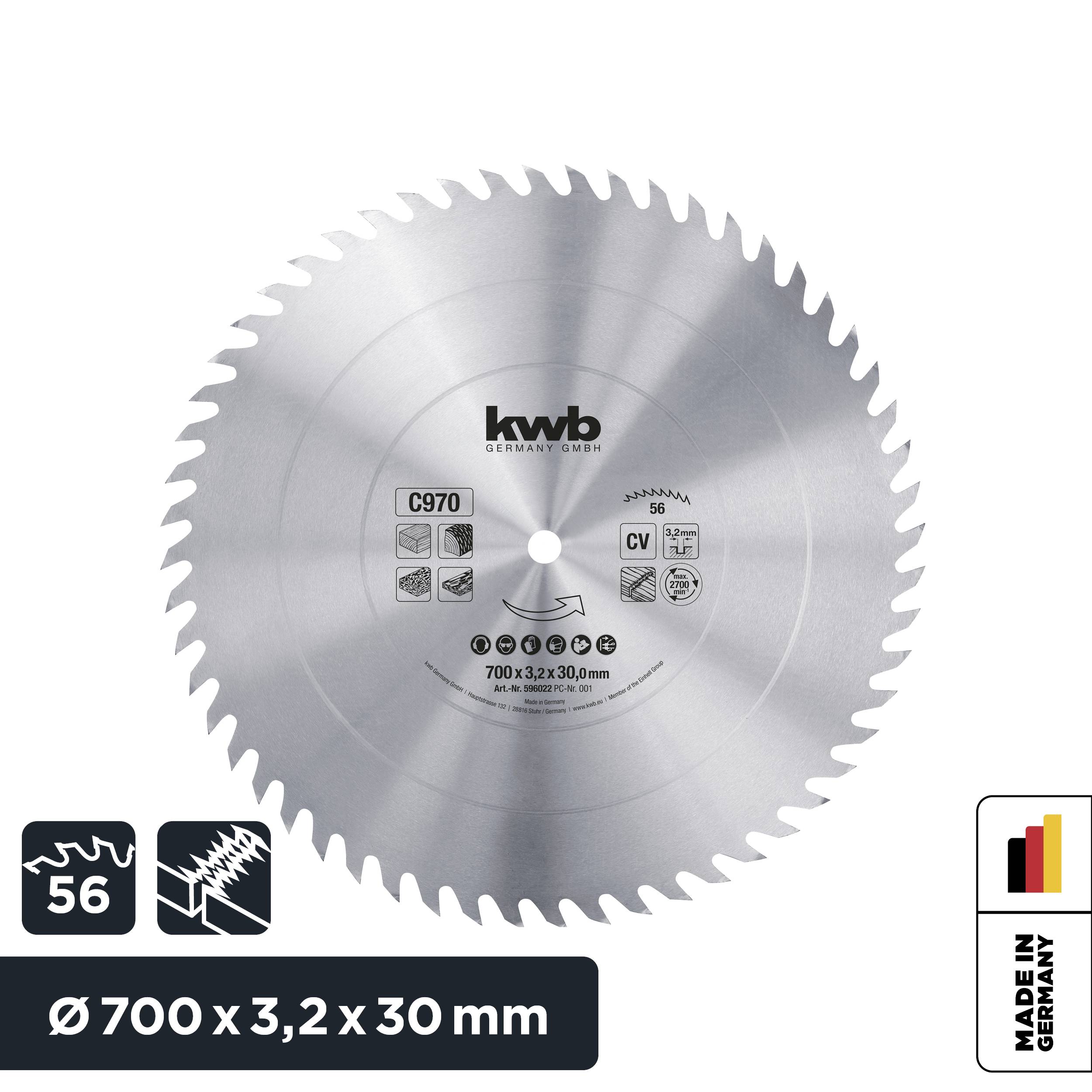 'Saw blade with 56 teeth, diameter 700 mm, thickness 3.2 mm, bore 30 mm. Manufactured in Germany. Suitable for wood and metal cutting.'
